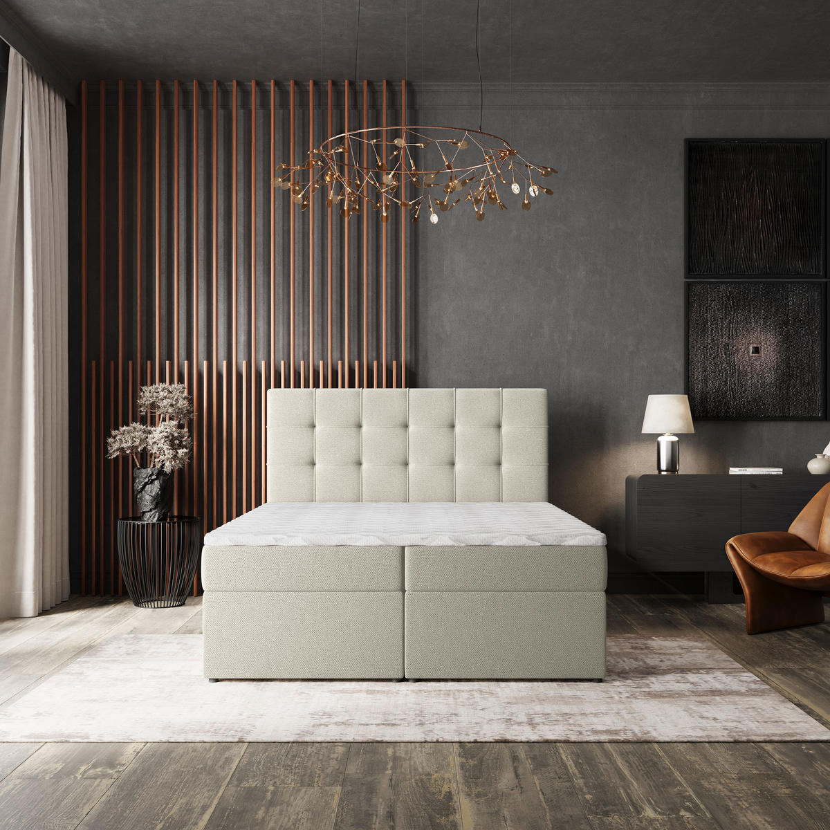 BOXBETT PALMA 160x200 cm mit Matratze und Topper, H2+H3 - Creme - Creme, Holz (160/200cm) - MASSENO