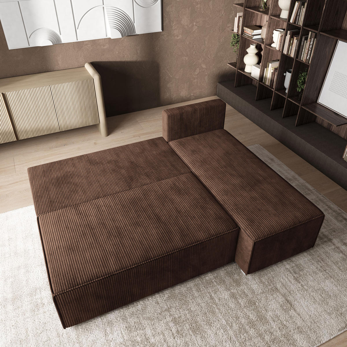 ROHOVÁ SEDAČKA BRISO hnědá - šedá/hnědá, dřevo/textil (200/140cm) - MASSENO