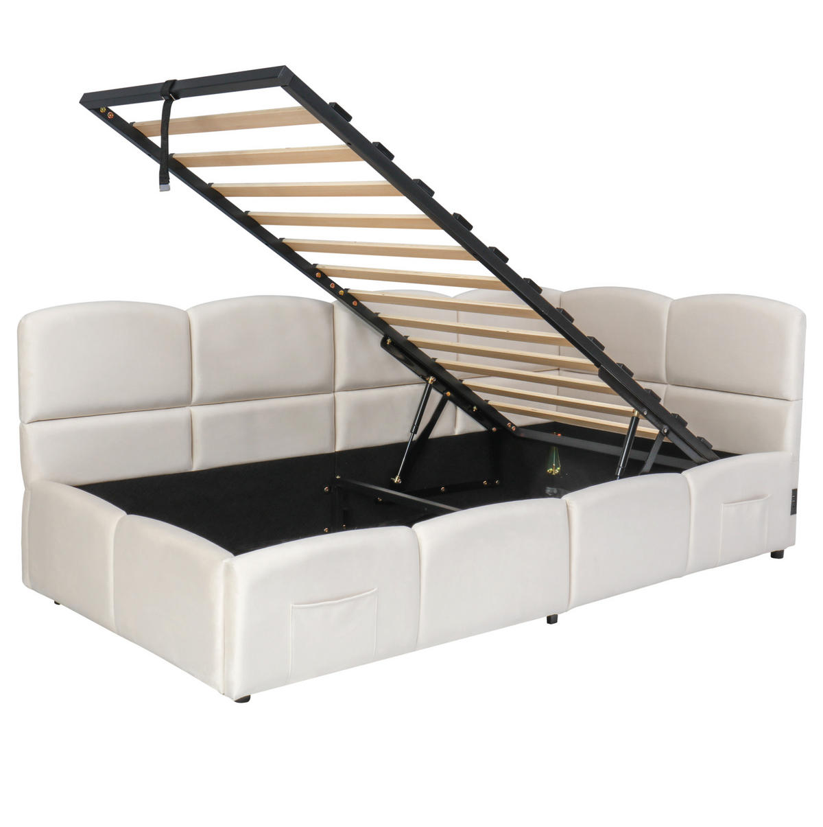 POLSTERBETT 90/200 cm in Beige aus Samt mit Stauraum und USB- und Type-C-Anschlüssen - Beige, Textil (90/200cm) - Flora Grace