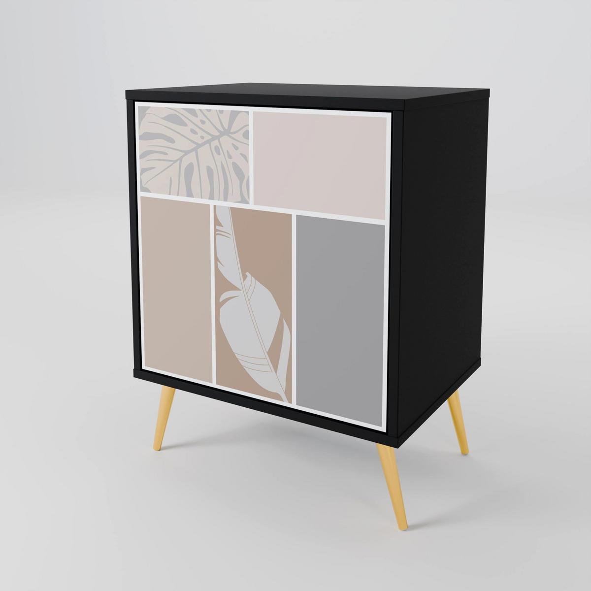 SIDEBOARD TROPICAL SHAPES, Schwarz, 57,5x42x72,5 cm, Schwarze Metallfüße - Multicolor/Schwarz, Holzwerkstoff/Metall (57.5/72.5/42cm) - SpaceRebels