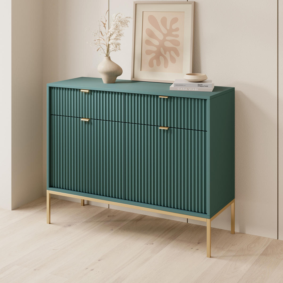 GRÜNE Moderne Geriffelte Kommode KIOTO K2D2SZ (Gold Gestell, Soft-Close Türen) - Dunkelgrün/Goldfarben, Holz/Holzwerkstoff (104/83/39cm) - Ravio