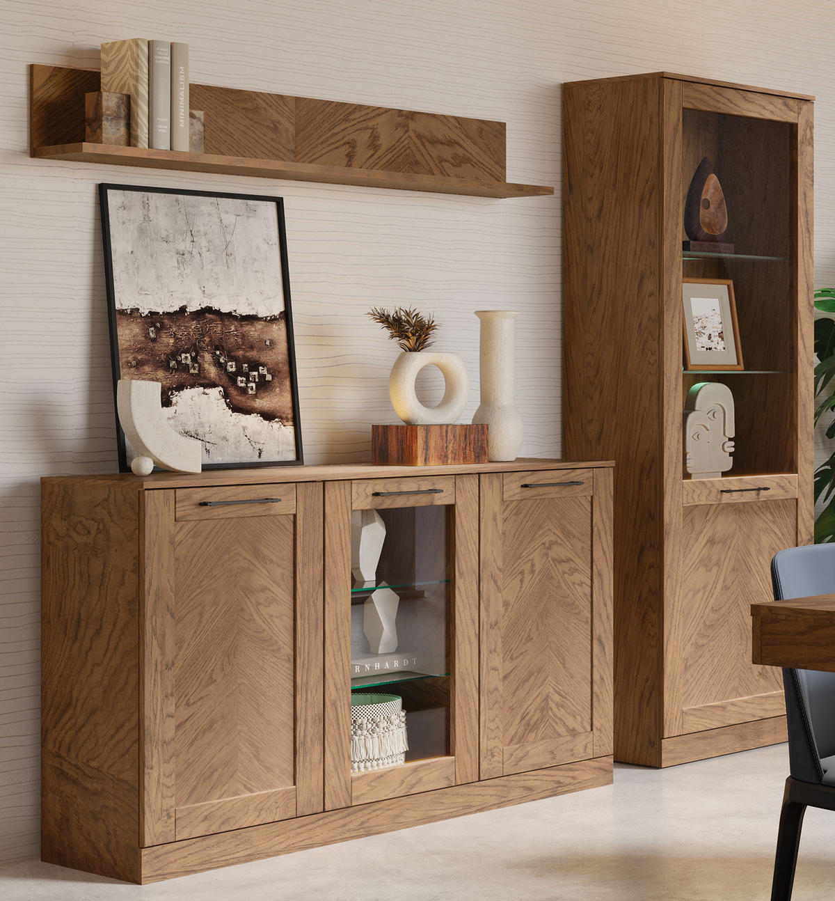 WOHNZIMMER-SET Cozy Eiche Rustikal 3-teilig - Eichefarben/Braun, Holz/Metall (205/198/42cm) - Feldmann-Wohnen