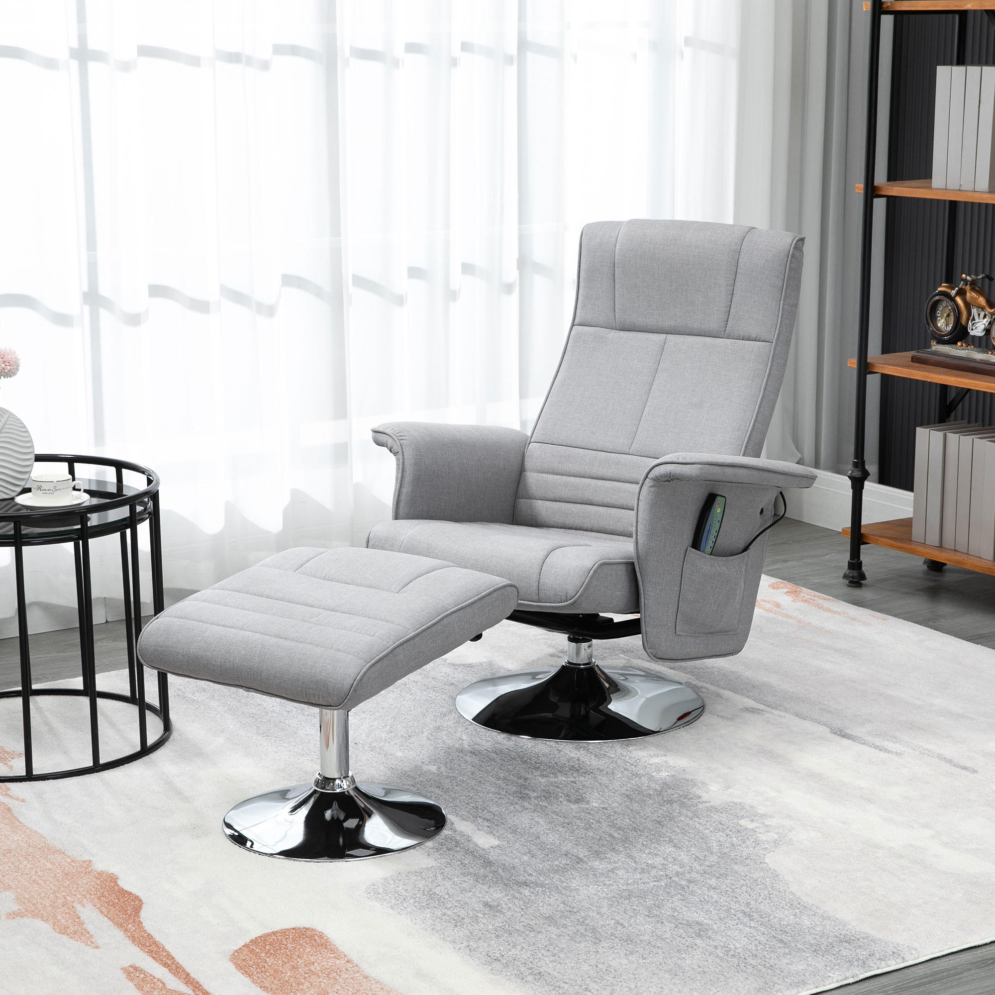 MASSAGESESSEL mit Fußhocker, Elektrischer Relaxsessel mit Liegefunktion Stahl - Chromfarben/Hellgrau, Textil/Metall (95/88/78cm) - HOMCOM