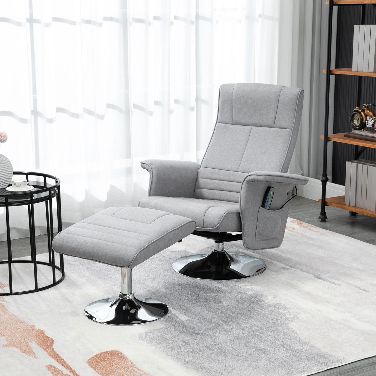 MASSAGESESSEL mit Fußhocker, Elektrischer Relaxsessel mit Liegefunktion Stahl - Chromfarben/Hellgrau, Textil/Metall (95/88/78cm) - HOMCOM