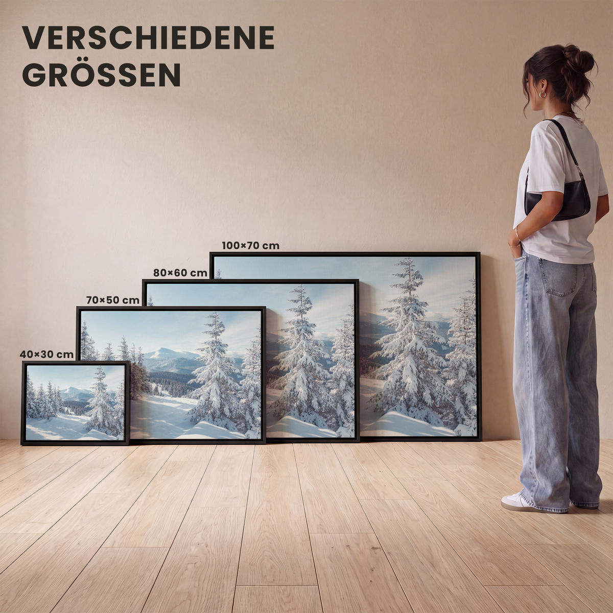 LEINWAND Bilder mit Rahmen - Winterlandschaft - Natur - Berge - Bäume - Schnee - 70x50 - Hellblau, Textil (70/50cm) - MuchoWow