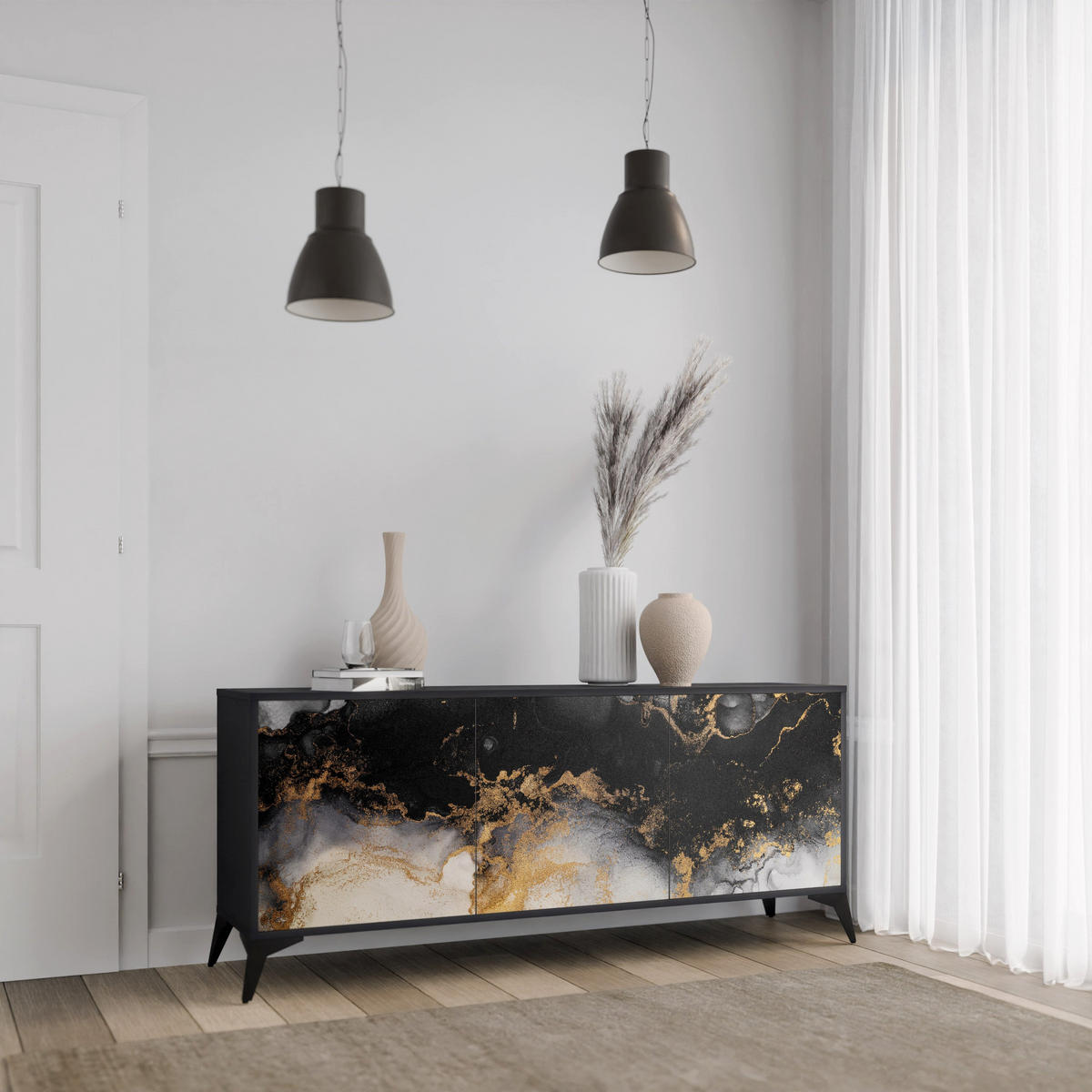 SIDEBOARD MARBLE OF TOMMORROW, Eicheneffekt, 164,5x42x77,5 cm, 3 Türen - Eichefarben/Buchefarben, Holzwerkstoff/Buchenholz (164.5/77.5/42cm) - SpaceRebels