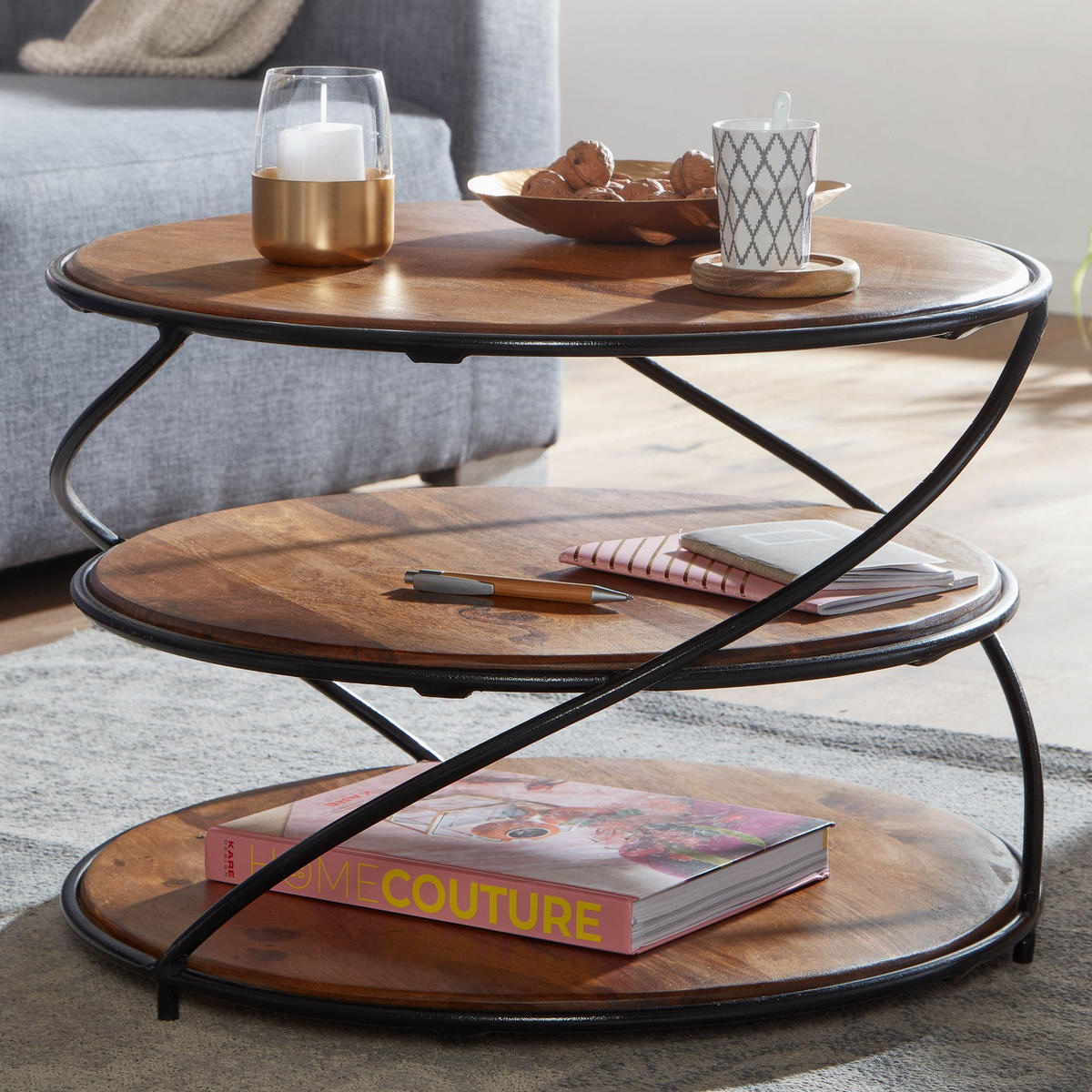 COUCHTISCH aus Sheesham-Massivholz, 58x58 cm, mit 3 Ablageflächen und außergewöhnlichem Design - Schwarz/Braun, Holz/Metall (58/58/40cm) - KADIMA DESIGN