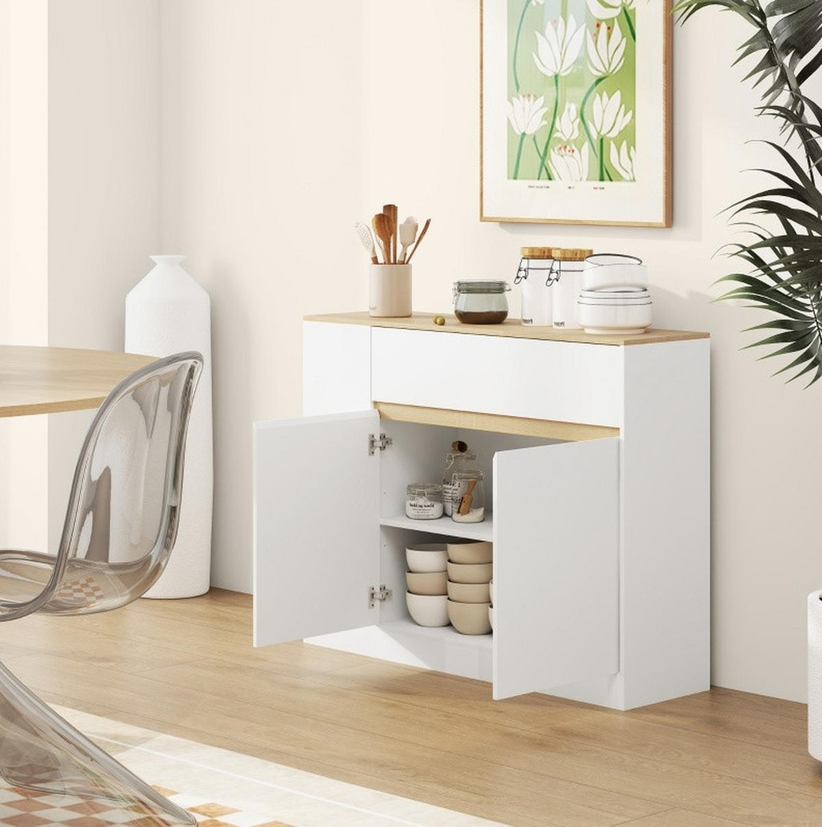 SIDEBOARD aus Holzwerkstoff 105x30x81,5 cm Weiß mit Schublade, verstellbaren Einlegeböden und Kippschutz - Weiß, Holzwerkstoff (105/81.5/30cm) - Modfu