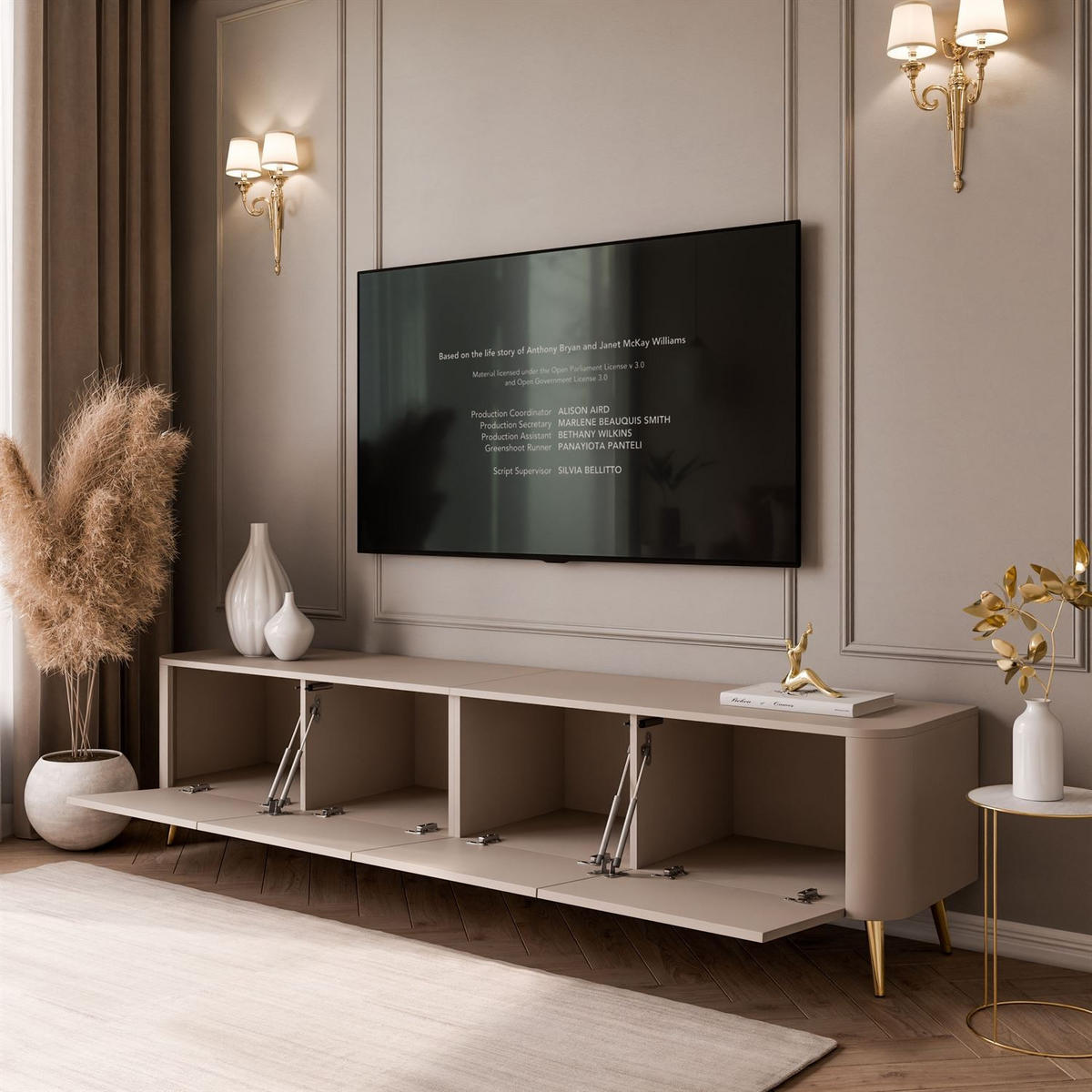 TV-SCHRANK CELESTE PUSH OPEN mit Beleuchtung auf Schräge goldene Füßen - Kaschmir, Holzwerkstoff (200/46.5/40cm) - Lookway