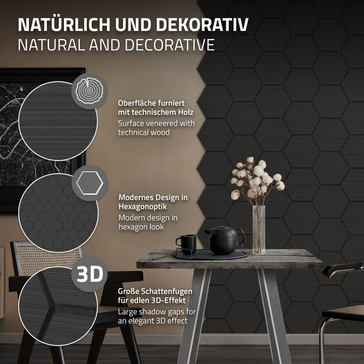 AKUSTIKPANEEL Echtholz 2er Set Schwarz Hexagon - Schwarz, Holzwerkstoff (2.1/81.1/66.6cm) - ML-DESIGN