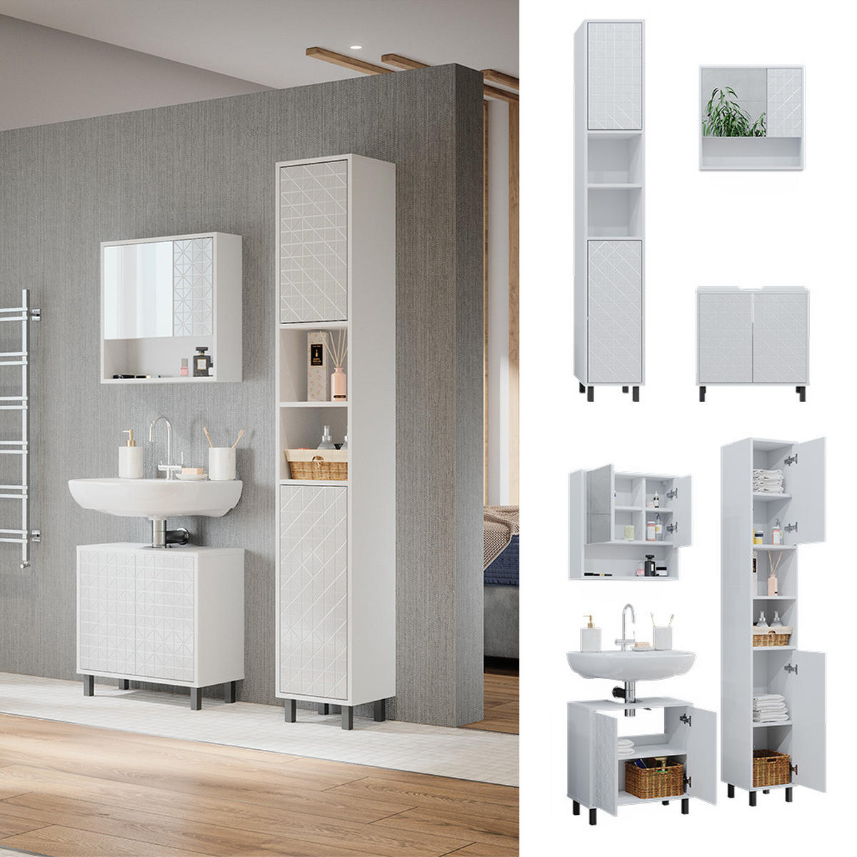 BADMÖBEL-SET Agasta Weiß 3 Teile, mit Hochschrank - Weiß, Holzwerkstoff (56/57/28cm) - Vicco