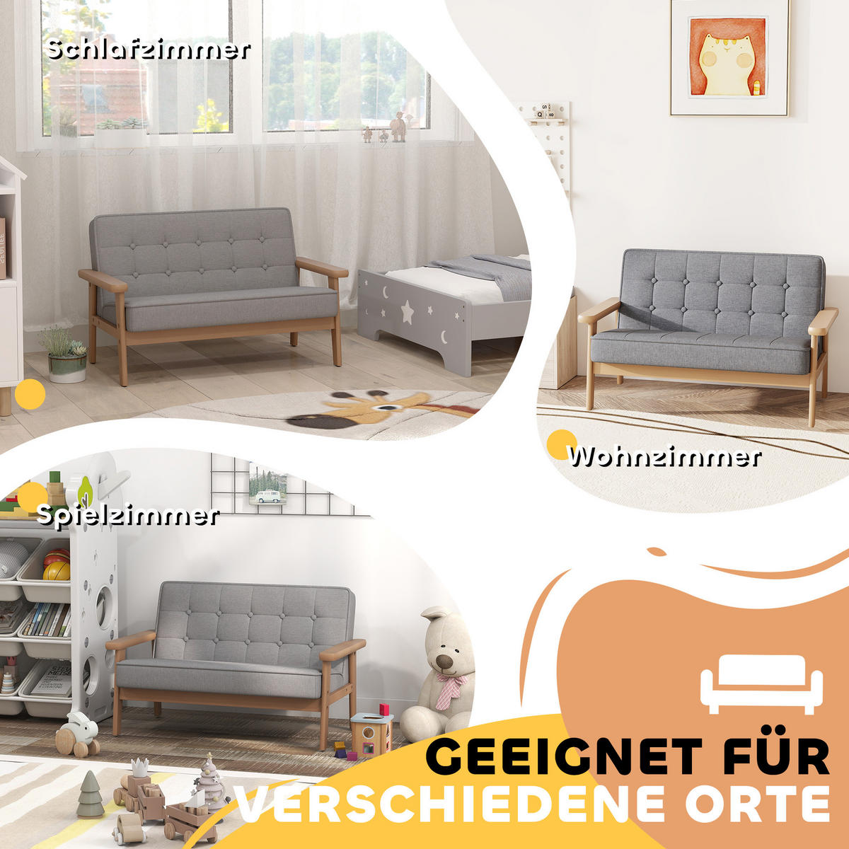 KINDERSESSEL, Kindersofa mit Holzrahmen, Samtoptik, gepolsterter Kinderstuhl - Naturfarben/Grau, Holz/Textil (42/48/77cm) - AIYAPLAY