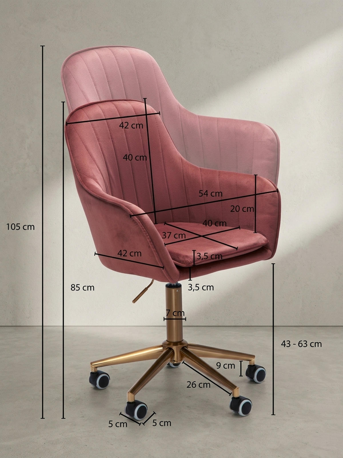 SCHALENSTUHL Samt mit Metallfußkreuz und 360° Drehfunktion SANDRA, Rosa 54x52x105 cm - Pink/Goldfarben, Textil/Metall (54/105/52cm) - KADIMA DESIGN