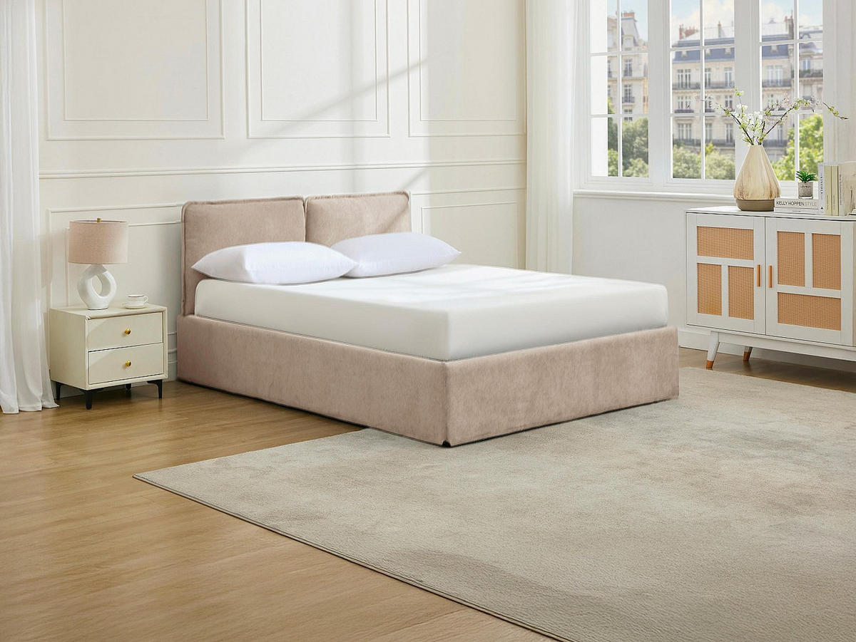 BETT mit Bettkasten - 2 Personen - Stoff - Hellgrau - - Hellgrau, Textil (180/200cm) - Vente-Unique