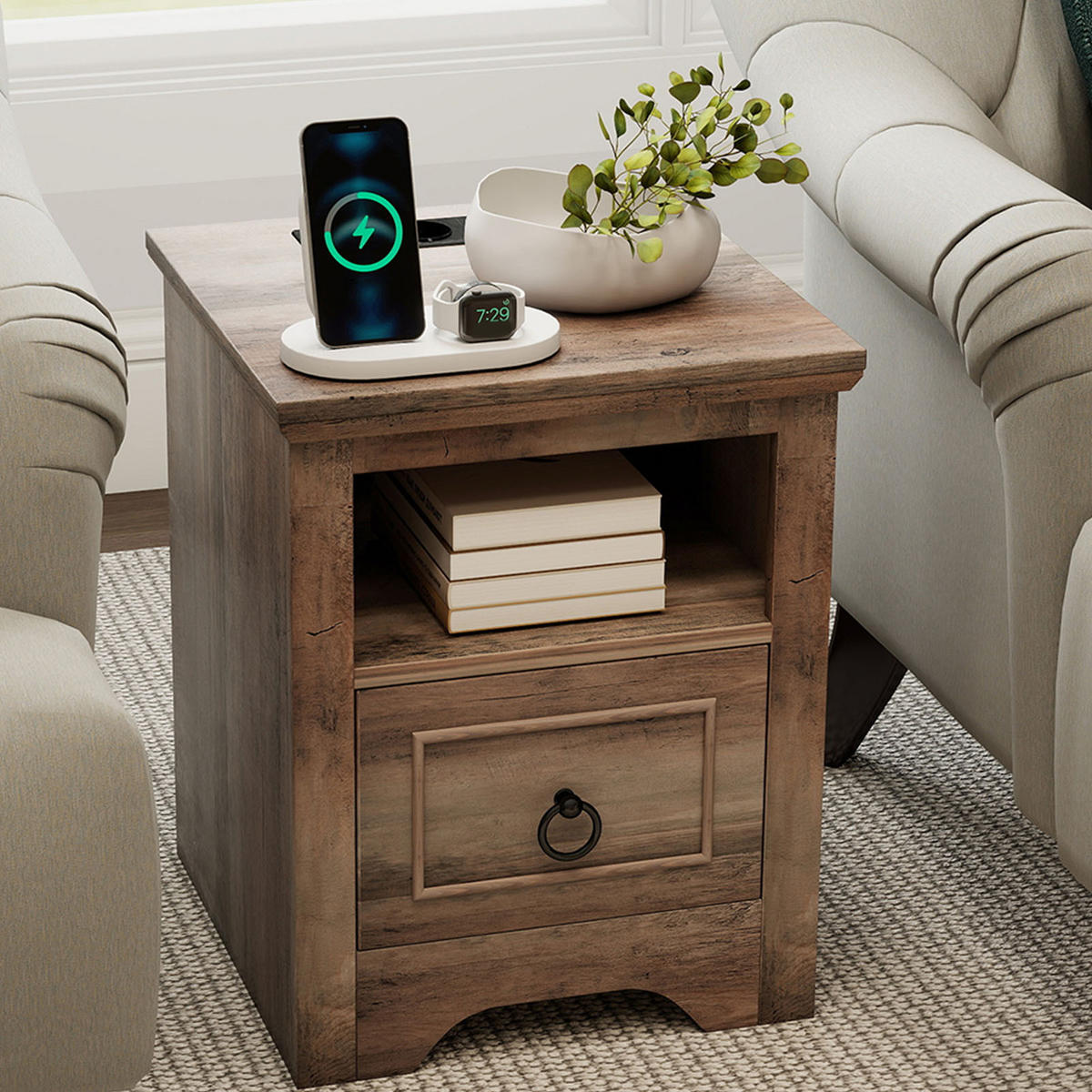 LED-NACHTTISCH 2er-Set im Landhausstil – mit Ladefunktion, dimmbarer LED-Beleuchtung, 1 Schublade, USB & Type-C - Wildeiche, Holzwerkstoff (40/50/40cm) - Ej. Life