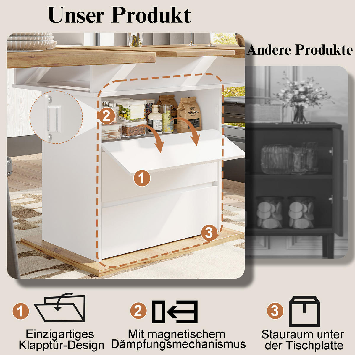 ESSTISCH aus MDF 110-140x80x75 cm Natur/Weiß ausziehbar mit Stauraum und Soft-Close-Klappe - Weiß, Holzwerkstoff (140/80/75cm) - Modfu