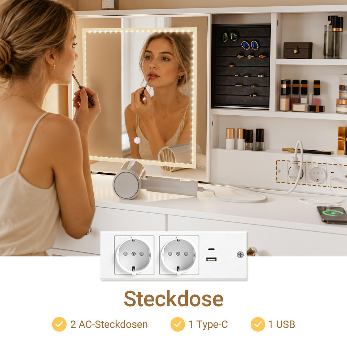 SCHMINKTISCH mit Spiegel (3 einstellbaren Lichtfarben) und Hocker 120x40x127cm - Weiß, Holzwerkstoff (120/127/40cm) - SoBuy