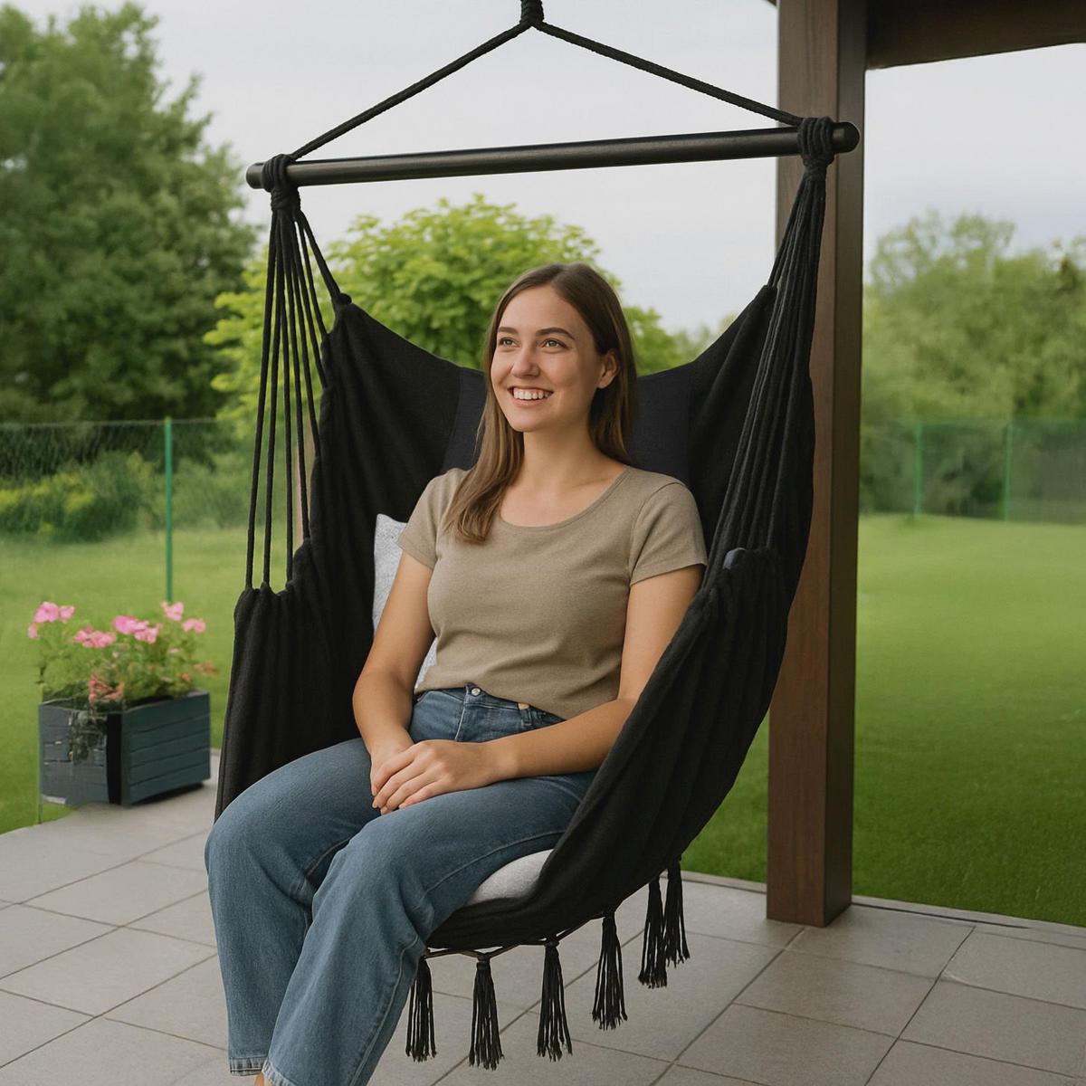 HÄNGESESSEL mit 2 Kissen 75/100/130 cm, bis 140 kg - Schwarz/Weiß, Textil (100/130/75cm) - Outtec