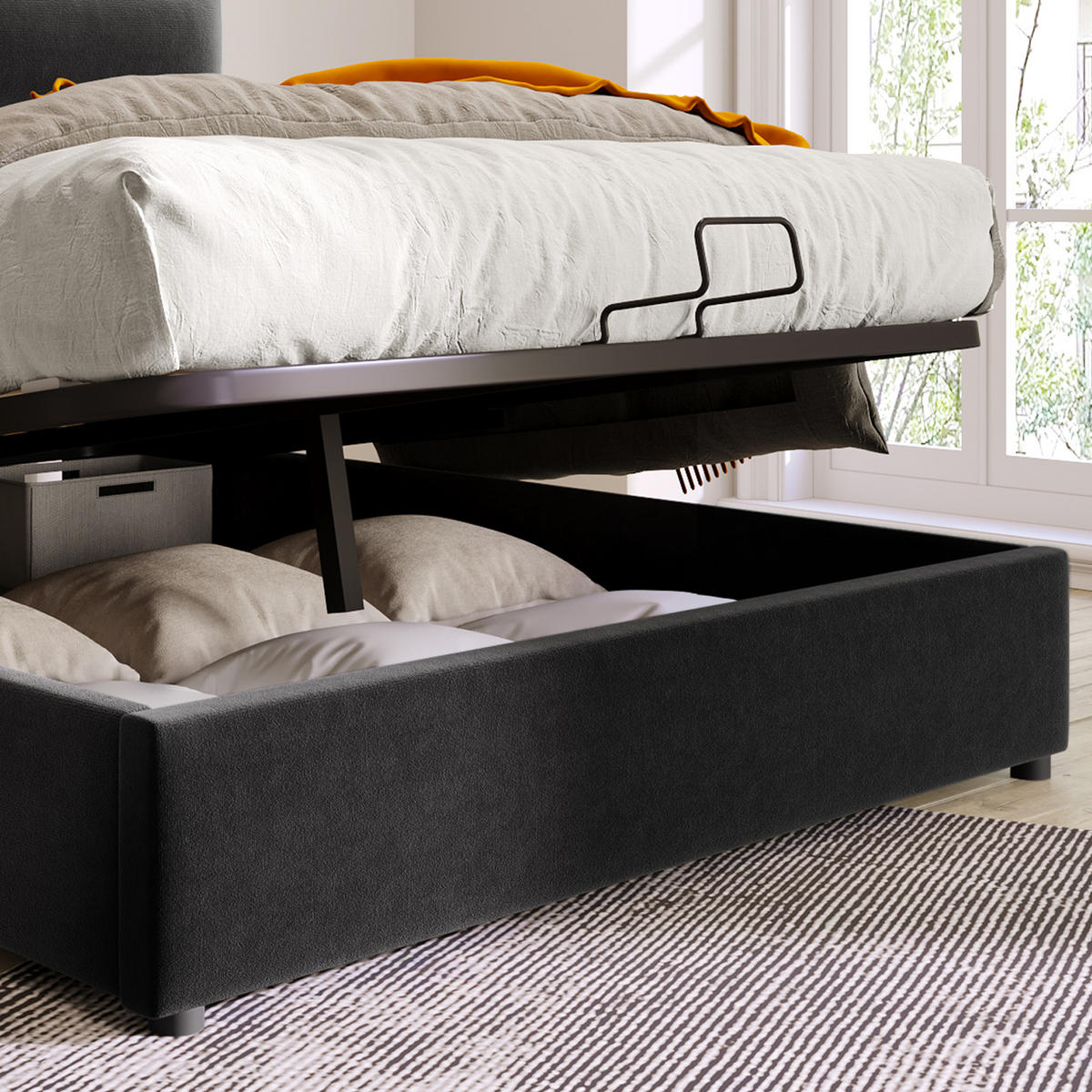 POLSTERBETT 140/200 cm Schwarz mit verstellbarem Kopfteil und Stauraum - Schwarz, Holz (140/200cm) - OKWISH