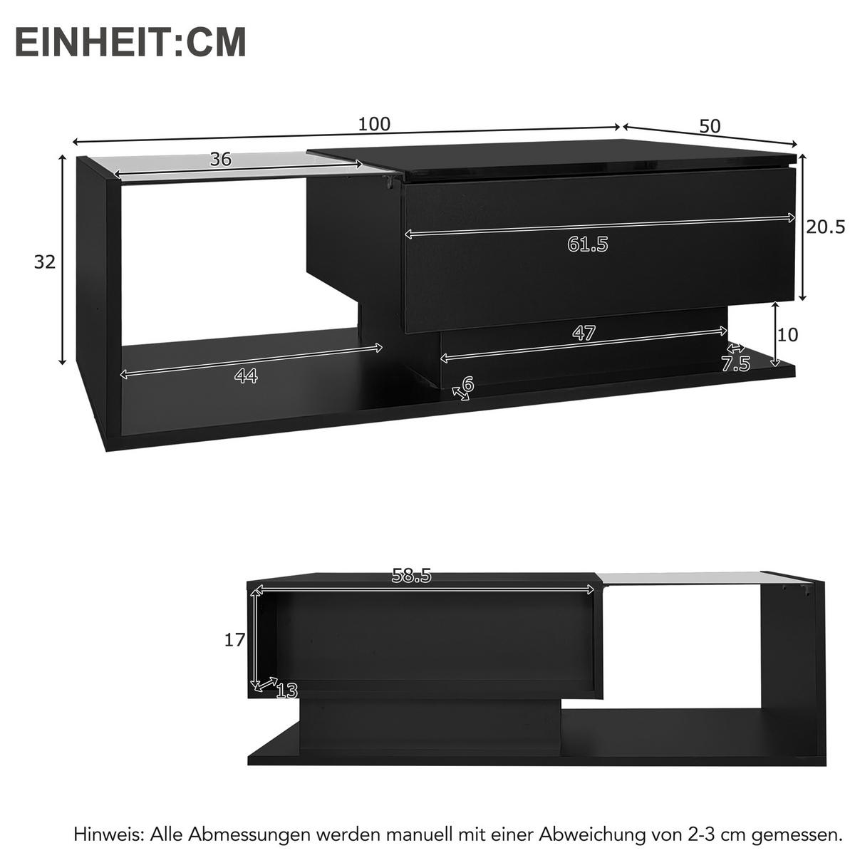COUCHTISCH 100/50/32 cm schwarz mit Glasplatte und LED-Beleuchtung - Schwarz, Holzwerkstoff (100/50/32cm) - OKWISH