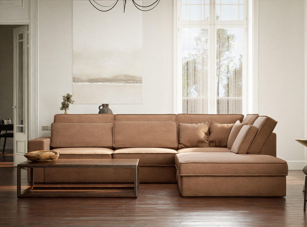 ECKSOFA Kirou Hellbraun Chenille-Stoff - Rechts Seite - Hellbraun/Schwarz, Holz/Holzwerkstoff (311/225cm) - Maison de Reve