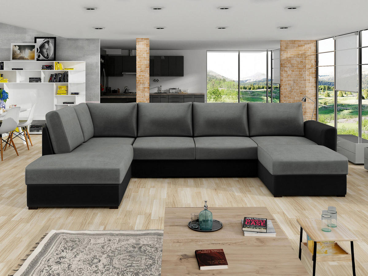 WOHNLANDSCHAFT Wilma Premium, Seite: Links - Schwarz/Grau, Holz/Textil (305/85/188cm) - MIRJAN24