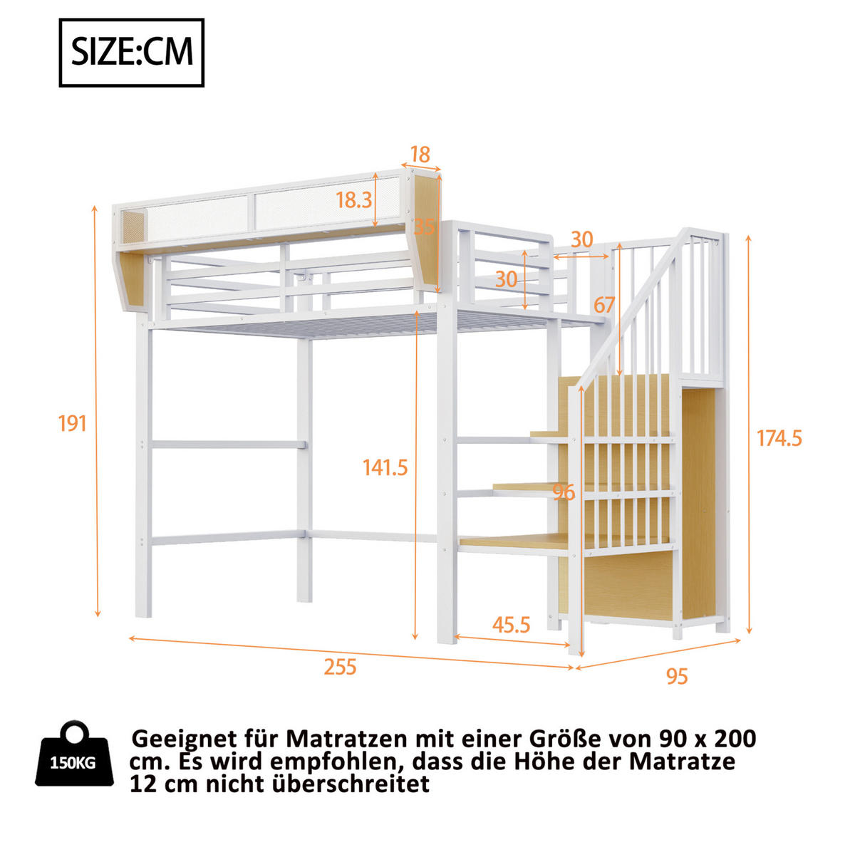 HOCHBETT 90/200 cm mit Sicherheitsleiter, flexiblem Ablagefach und Metallgestell, Weiß - Weiß, Metall (90/200cm) - Redom