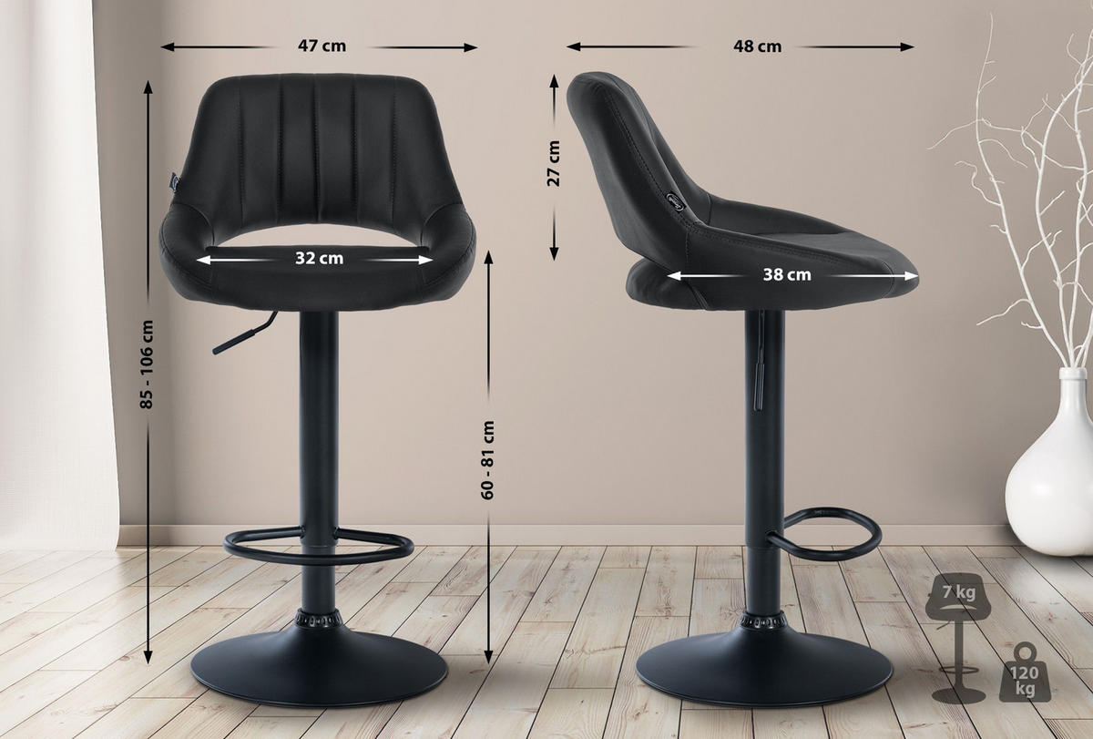 BARHOCKER 2er Set Milos Kunstleder B schwarz - Schwarz, Kunststoff/Metall (47/106/48cm) - TPFLiving