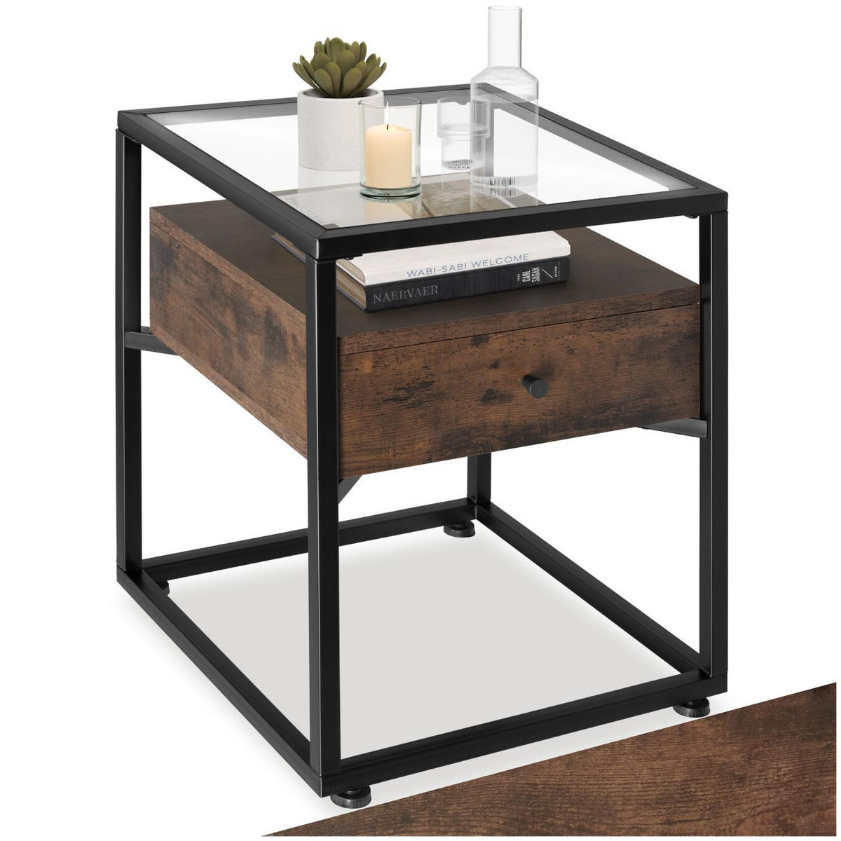NACHTSCHRANK Preston, 43 x 45 x 54,5 cm, Industrial Holz dunkel, rustikal - Rostfarben, Holzwerkstoff (43/54.5/45cm) - tectake