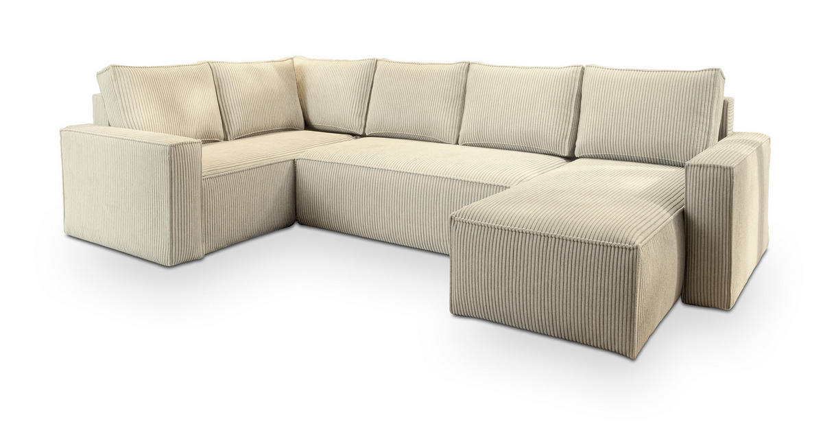 WOHNLANDSCHAFT NORENA L-S Creme Kordstoff mit Schlaffunktion - Creme, Holz (295/85/157.5cm) - MASSENO