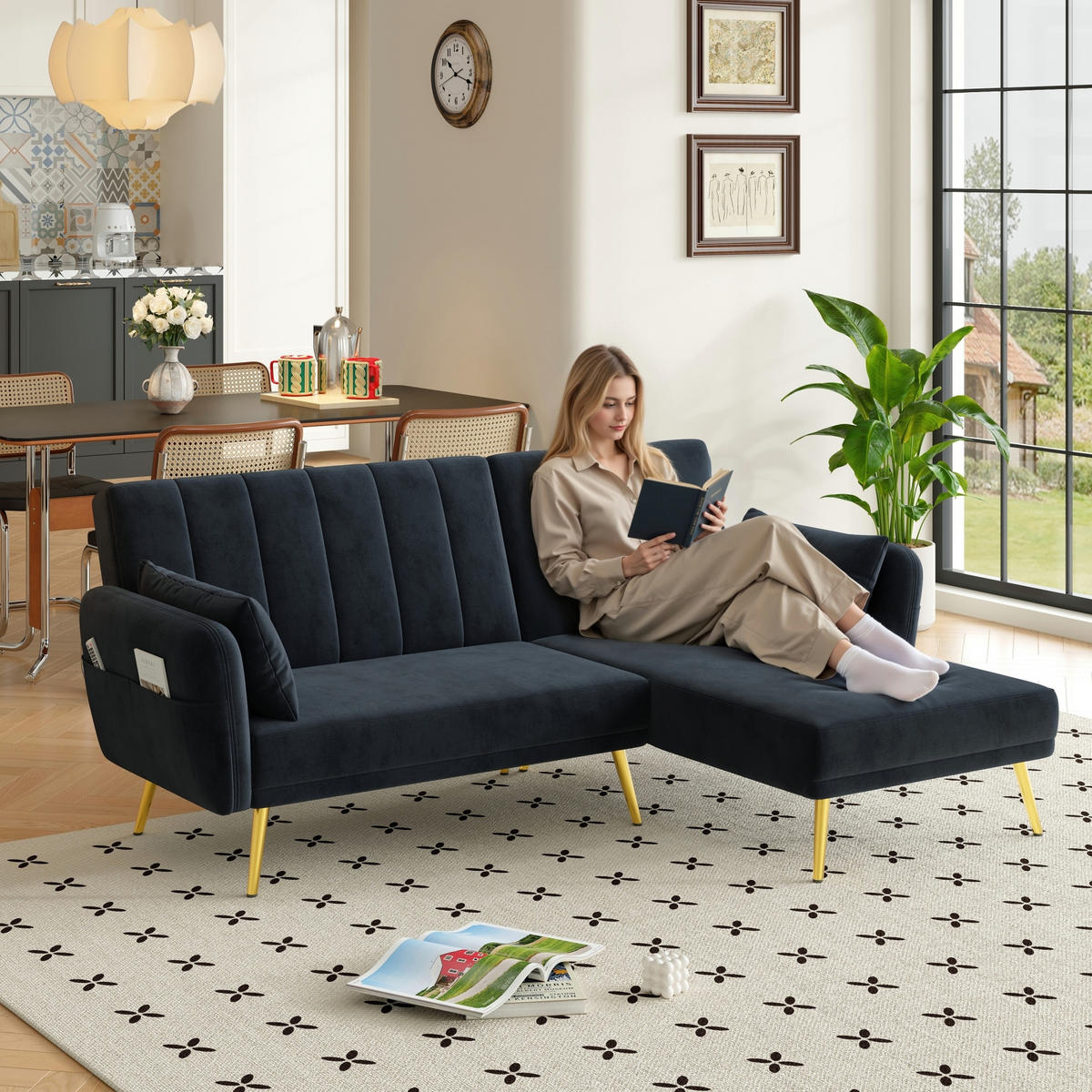 ECKSOFA, Samt mit Schlaffunktion & verstellbarer Rückenlehne, 191,5/130,5/80 cm, Schwarz - Schwarz, Textil (130.5/191.5cm) - Redom