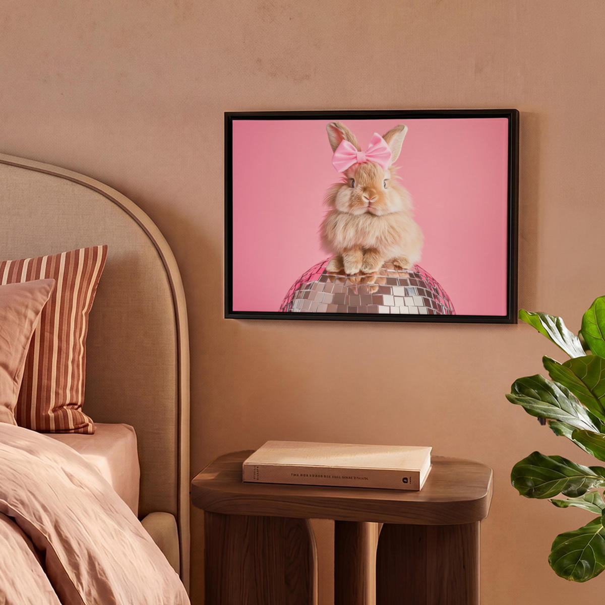 LEINWAND Bilder mit Rahmen - Schleife - Discoball - Kaninchen - 40x30 - Pink, Textil (40/30cm) - MuchoWow