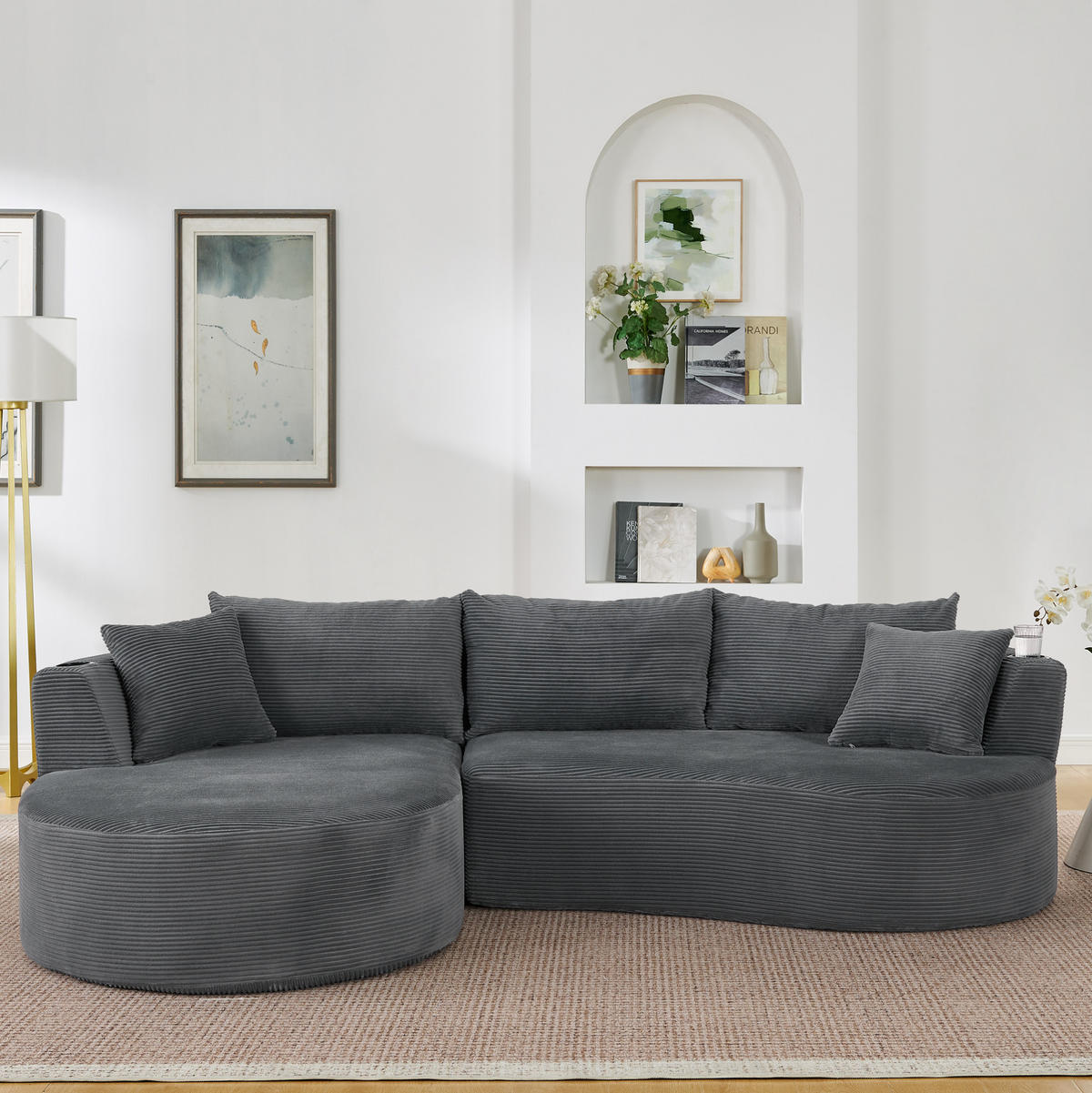 3-SITZER-SOFA mit Getränkehaltern, Kissen und bogenförmigem Design aus weichem Kordstoff, Grau - Grau, Kunststoff (264/76/168cm) - Redom