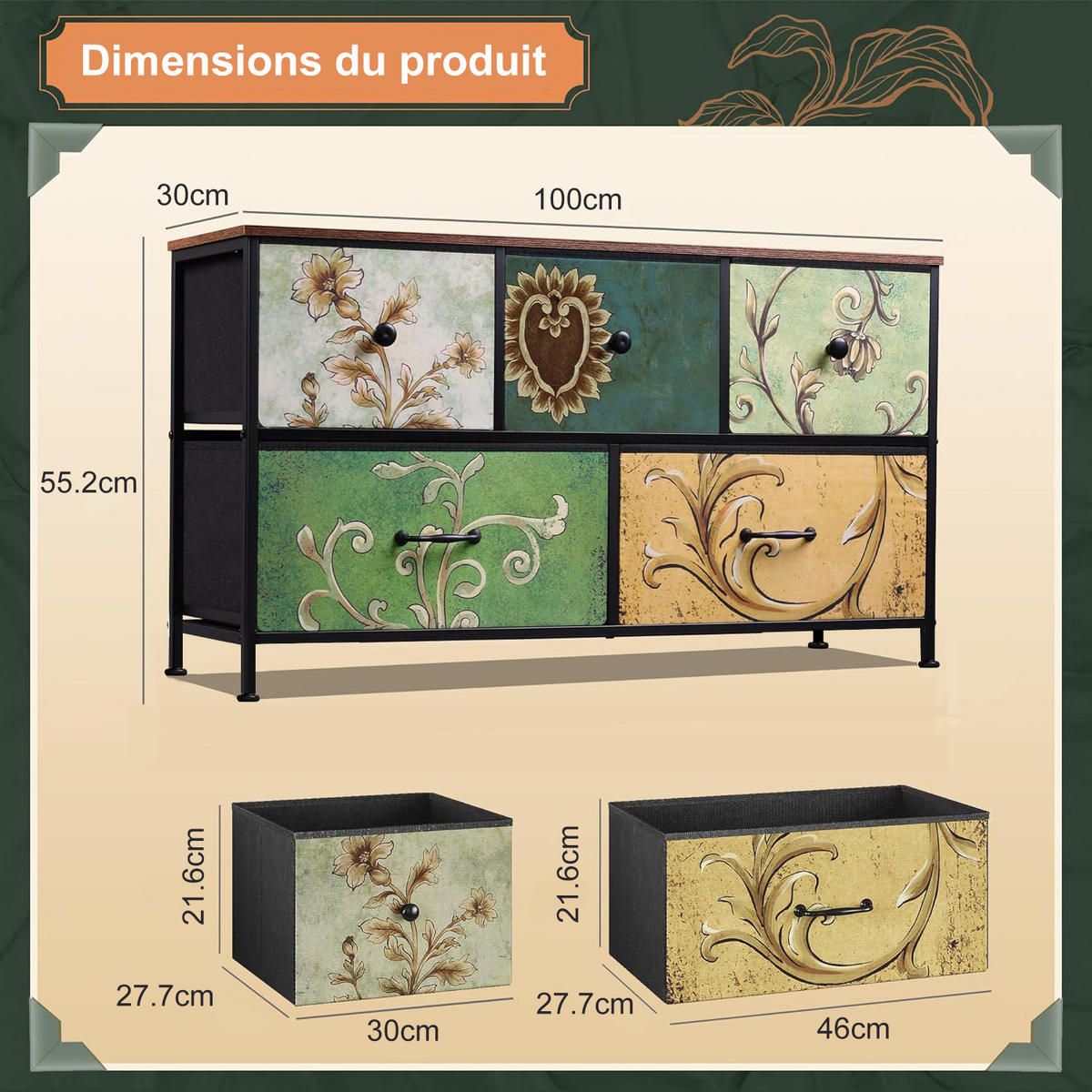 KOMMODE mit 5 Schubladen Metallgestell Stoff Kommode - Multicolor, Holz (30/55.2/100cm)