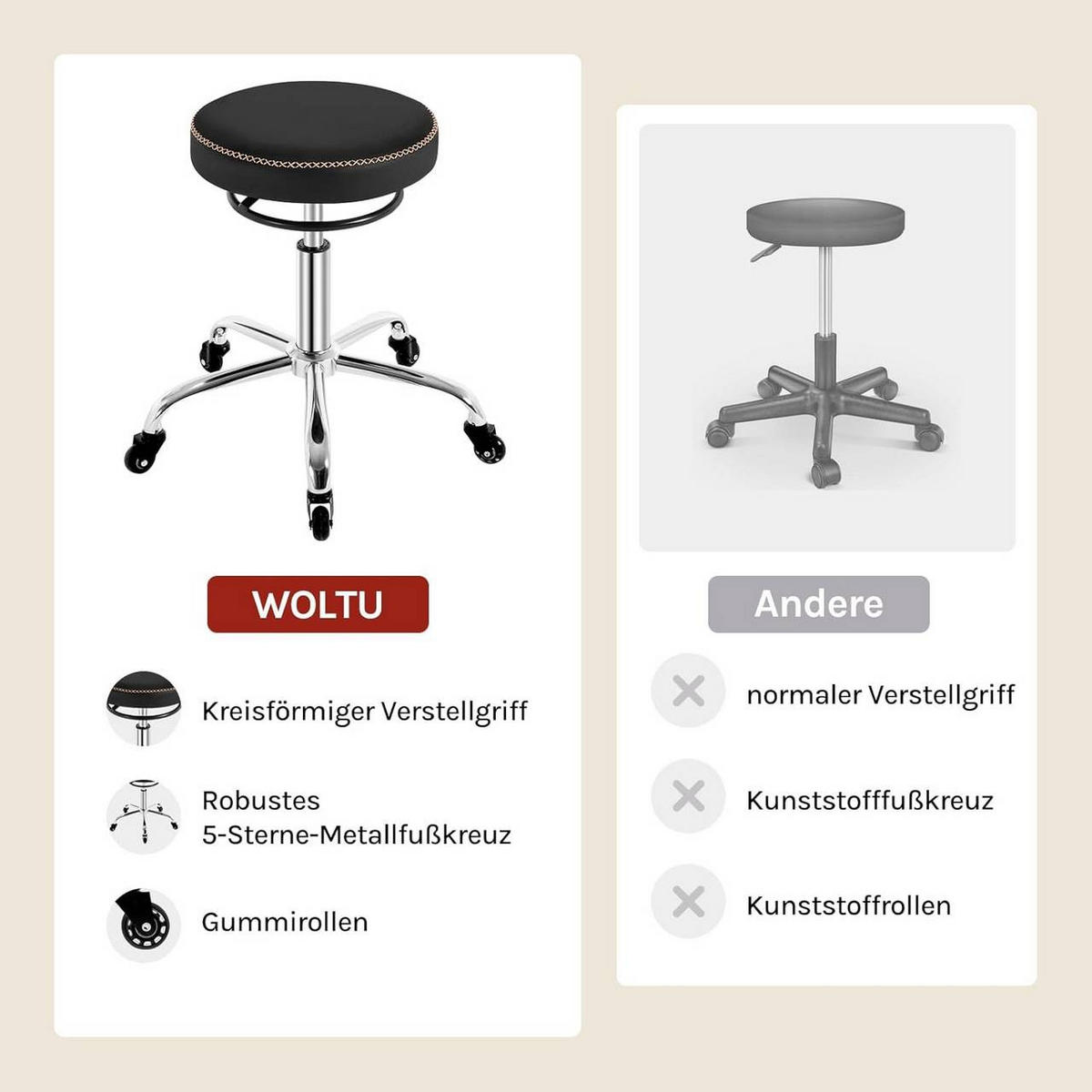 BÜROHOCKER 360° drehbar, rund, Kunstleder, Schwarz - Schwarz, Kunststoff/Textil (49/46/49cm) - Woltu