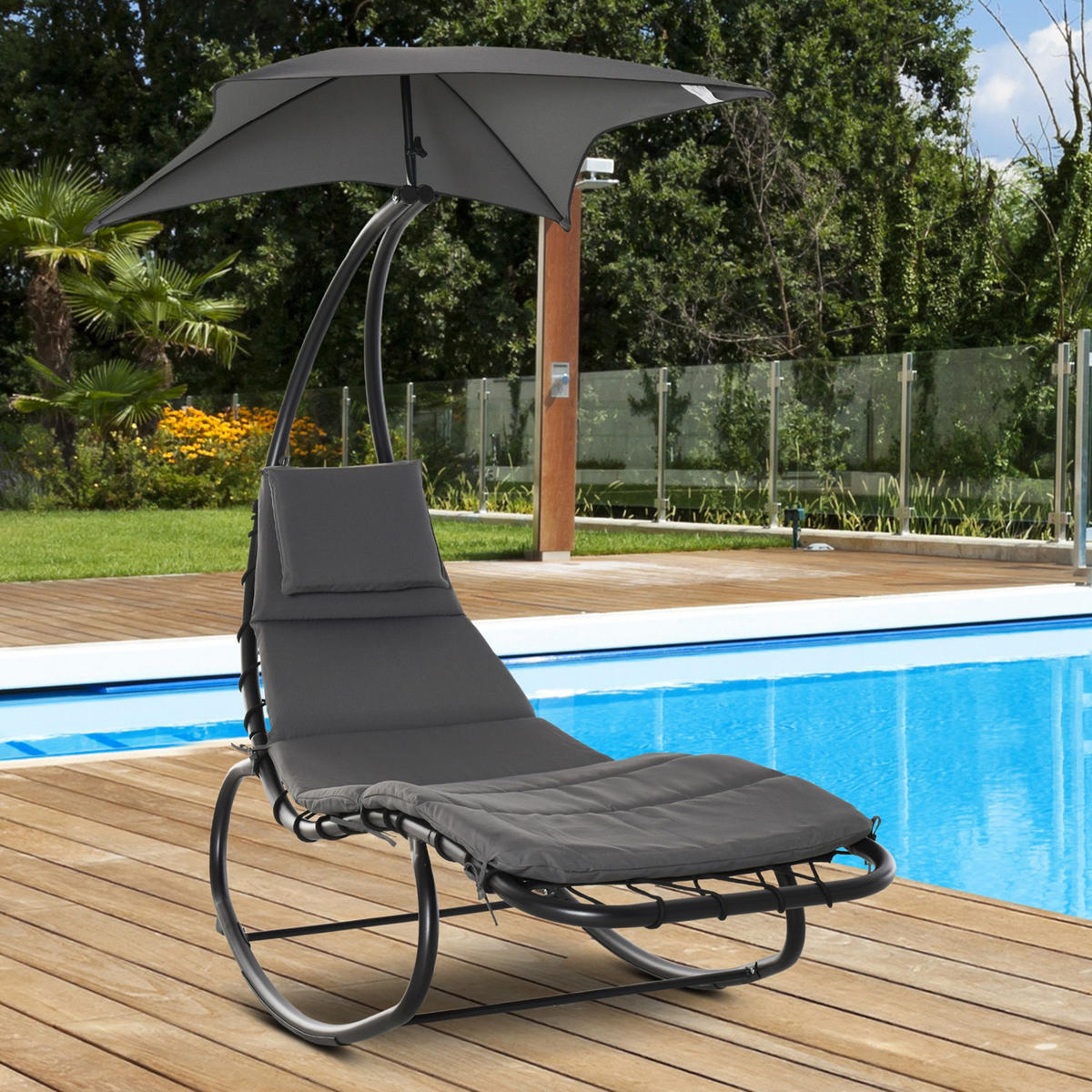 SCHAUKELLIEGE Schaukelstuhl Relaxliege mit Dach Garten Balkon Büro Dunkelgrau - Schwarz, Metall (114/190/185cm) - Outsunny
