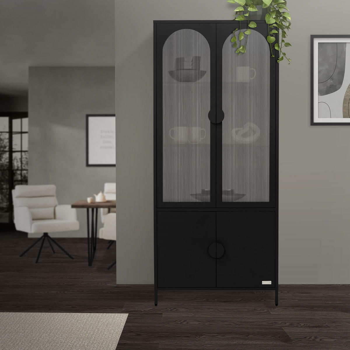 VITRINENSCHRANK 80x185x40 cm Schwarz aus Stahl mit 4 Türen - Schwarz, Metall (80/185/40cm) - ML-DESIGN