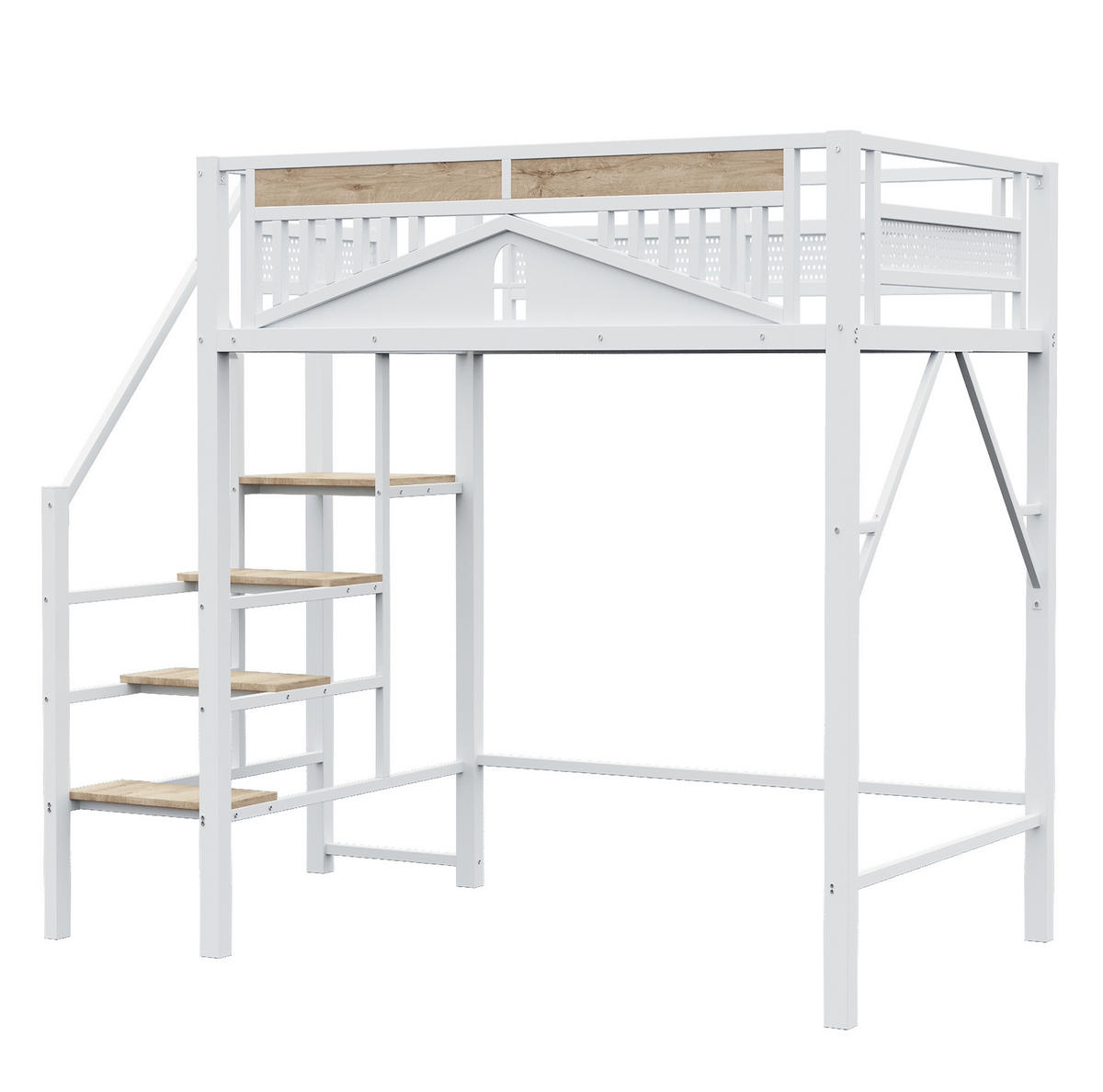 HOCHBETT 140/200 cm aus Metall und Holz mit Sicherheitsleiter, Stauraum und Fensterdesign, Weiß - Weiß, Metall (140/200cm) - Redom