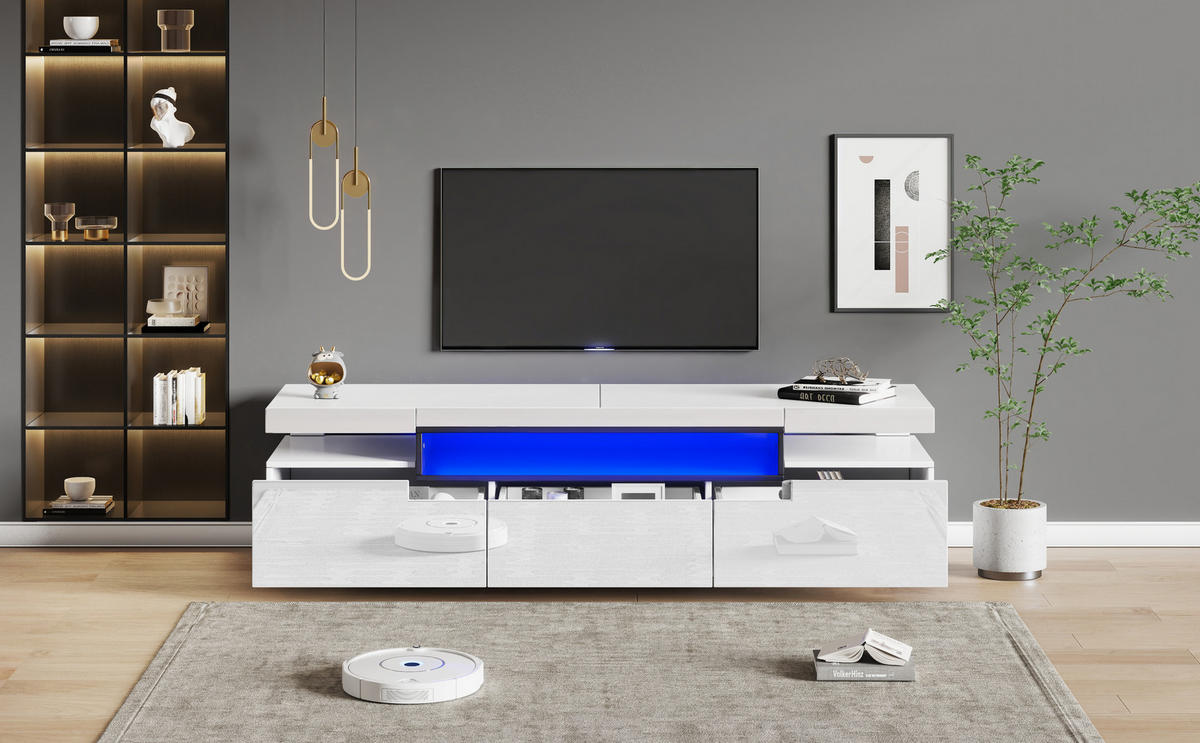 TV-SCHRANK mit Hochglanzfront Weiß, 3 Schubladen und 16-Farben LED 160/39/42 cm - Weiß, Holzwerkstoff (160/42/39cm) - Redom