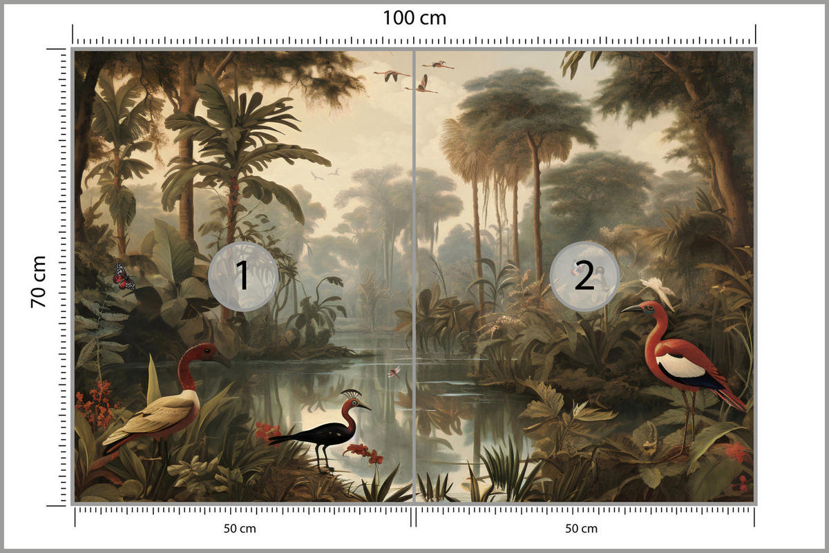 FOTOTAPETE Dschungel Tropische Pflanzen Vögel 100x70 - Gelb/Beige, Papier (100/70cm) - Muralo