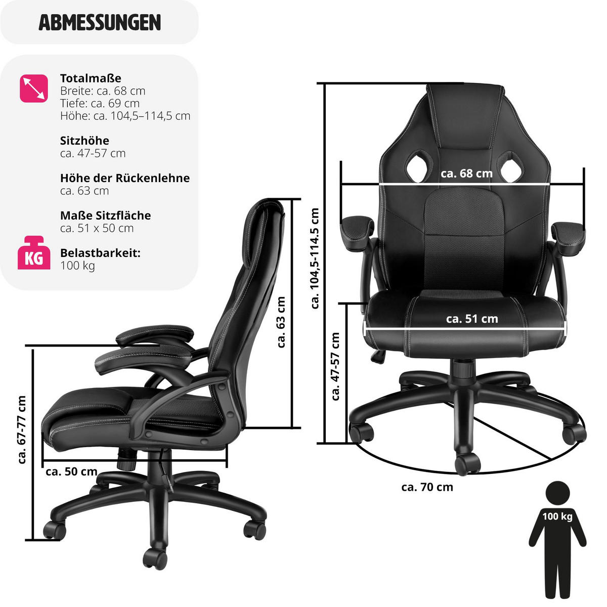 BÜROSTUHL Mike,stufenlos höhenverstellbar,schwarz - Schwarz, Leder (68/114.5/69cm) - tectake