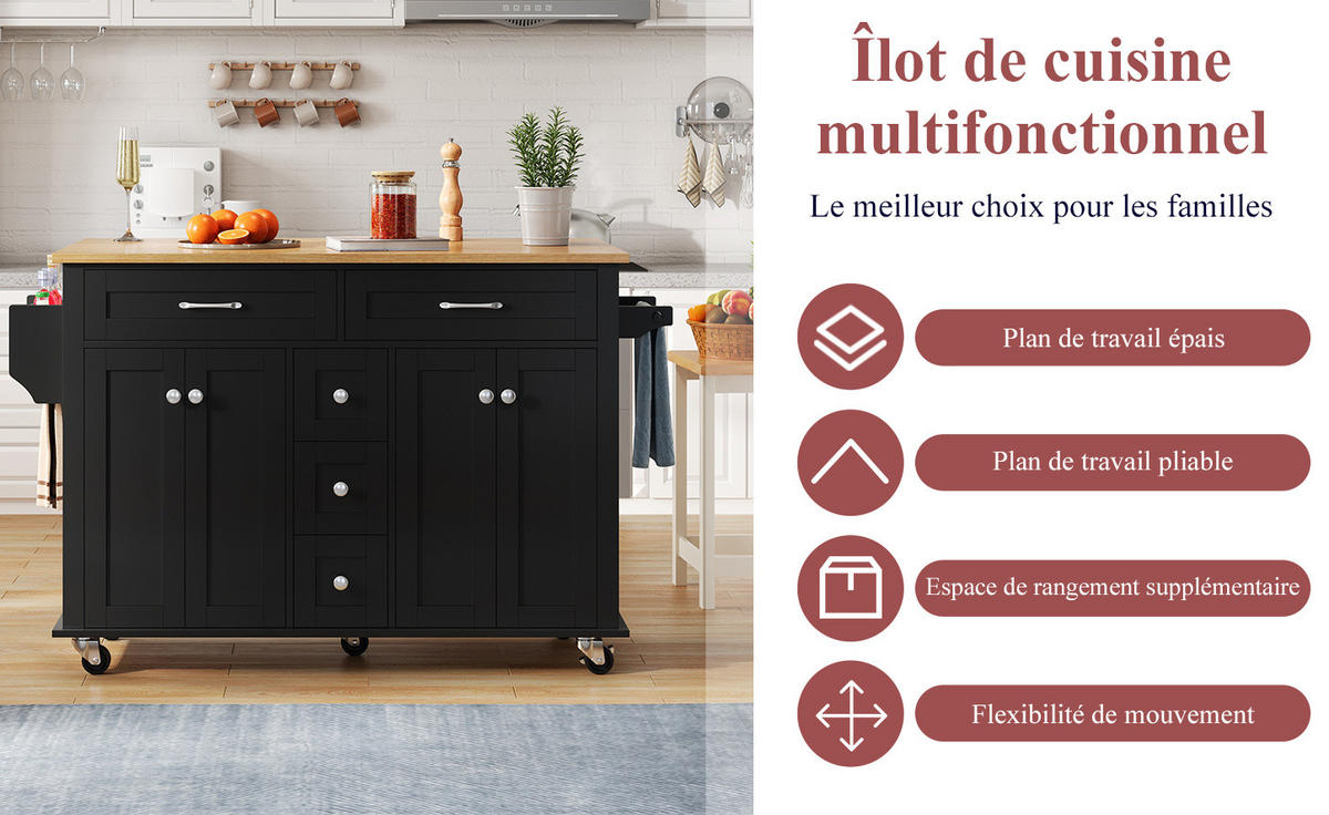 KÜCHENINSEL 140/89/40 cm Schwarz/Natur aus MDF mit ausklappbarer Arbeitsplatte - Schwarz, Holzwerkstoff (65/89/140cm) - OKMYHOME