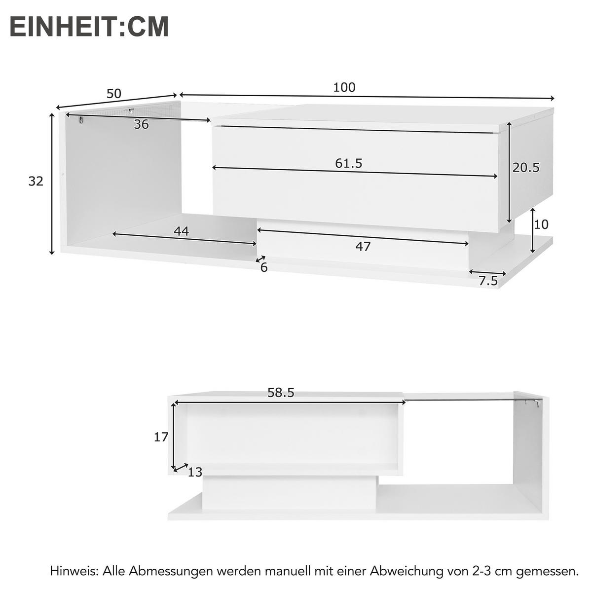 COUCHTISCH 100/50/32 cm in Weiß aus Spanplatte mit Schublade und LED-Beleuchtung - Weiß, Holzwerkstoff (100/50/32cm) - OKMYHOME