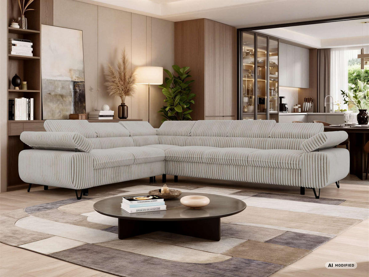 ECKSOFA NORDEN L - Beige Cord - Rechts Seite - Beige/Creme, Textil/Metall (329/269cm) - MKS