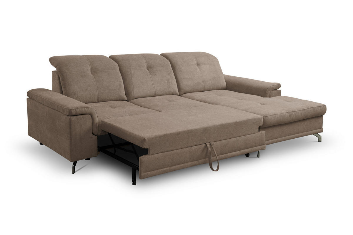 ECKSOFA PANAMA mit Schlaffunktion und Bettkasten, Farbe: Braun, Velourstoff, Ottomane Rechts - Braun, Textil (270/180cm) - VENASI MÖBEL