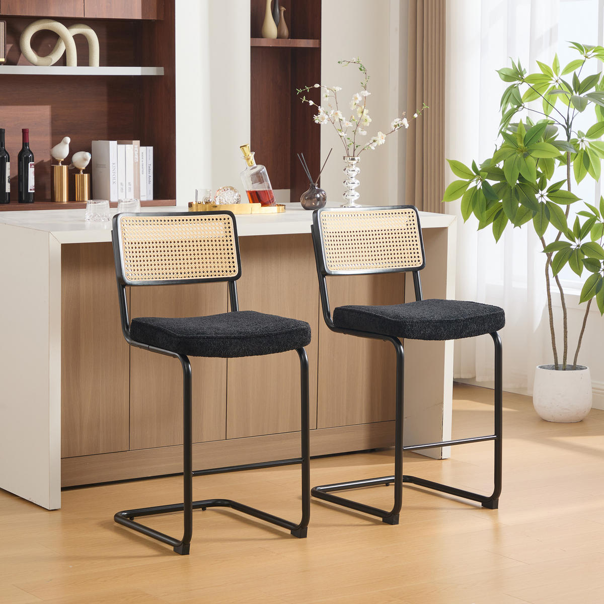BARHOCKER DE-36899 2er-Set mit Holzrahmen und Rattan-Optik Schwarz - Schwarz, Metall (53.5/98/47cm) - ComfortXL
