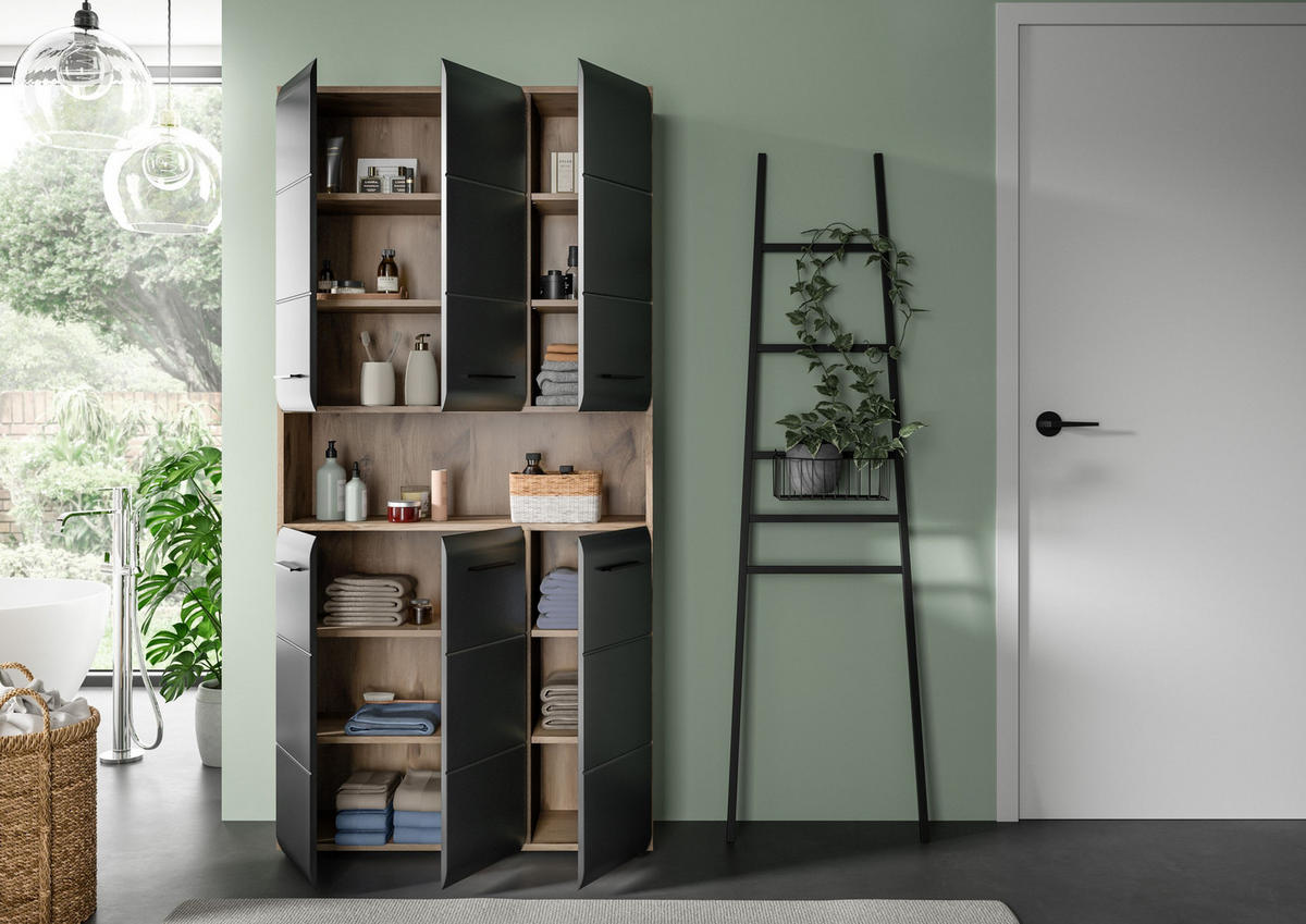 MEHRZWECKSCHRANK ICE (B/H/T: ca. 90/185/30 cm) in Nox Oak Nachbildung/schwarz matt - Eichefarben, Holzwerkstoff (90/185/30cm)