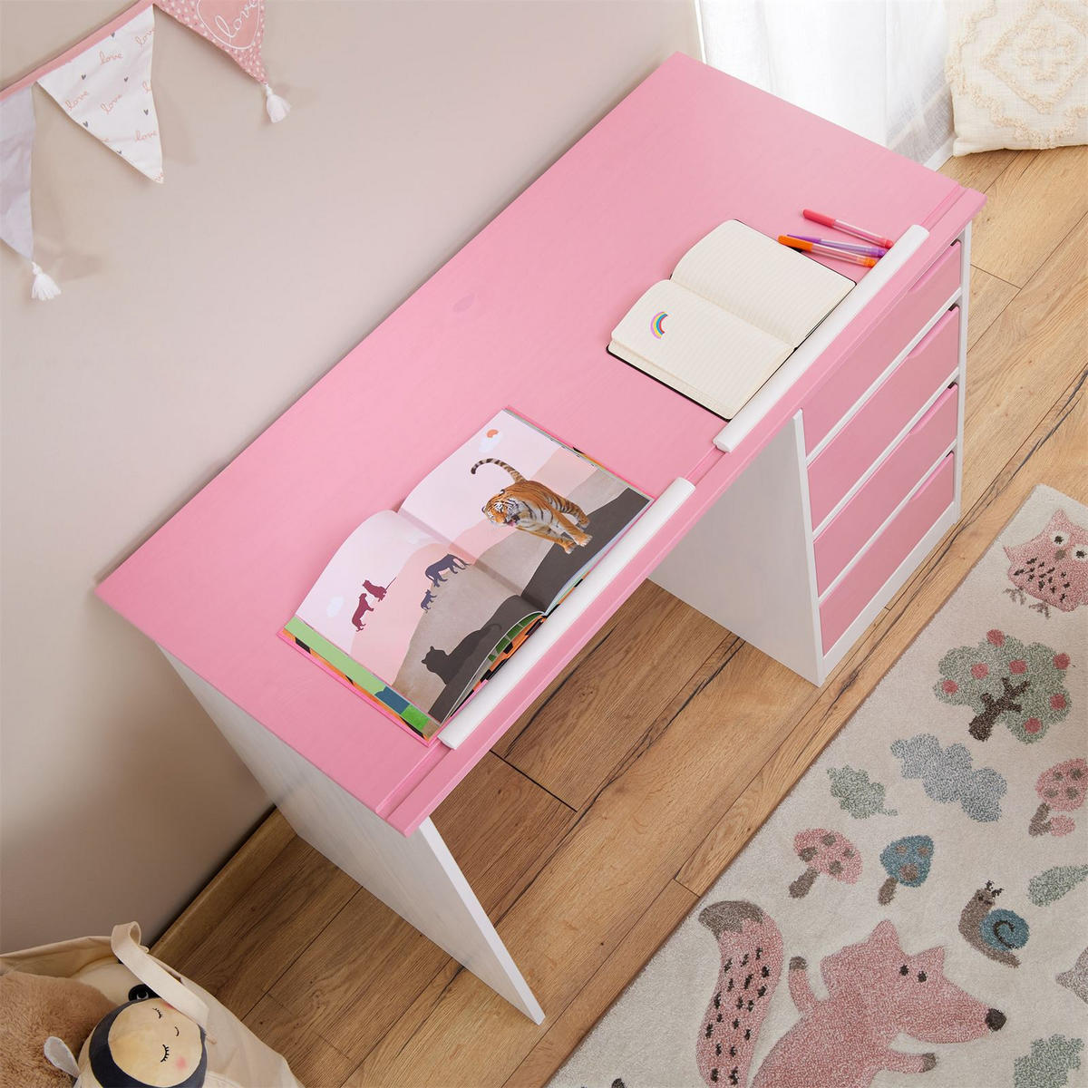 KINDERSCHREIBTISCH EMMA - Weiß/Rosa, Holz (114/76/55cm) - IDIMEX