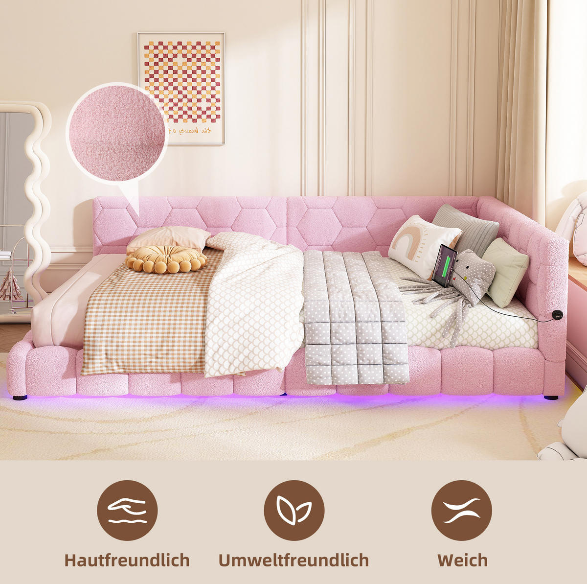 TAGESBETT 140/200 cm in Pink mit LED und USB-Anschluss, ohne Matratze - Pink, Textil (140/200cm) - MIVRAY
