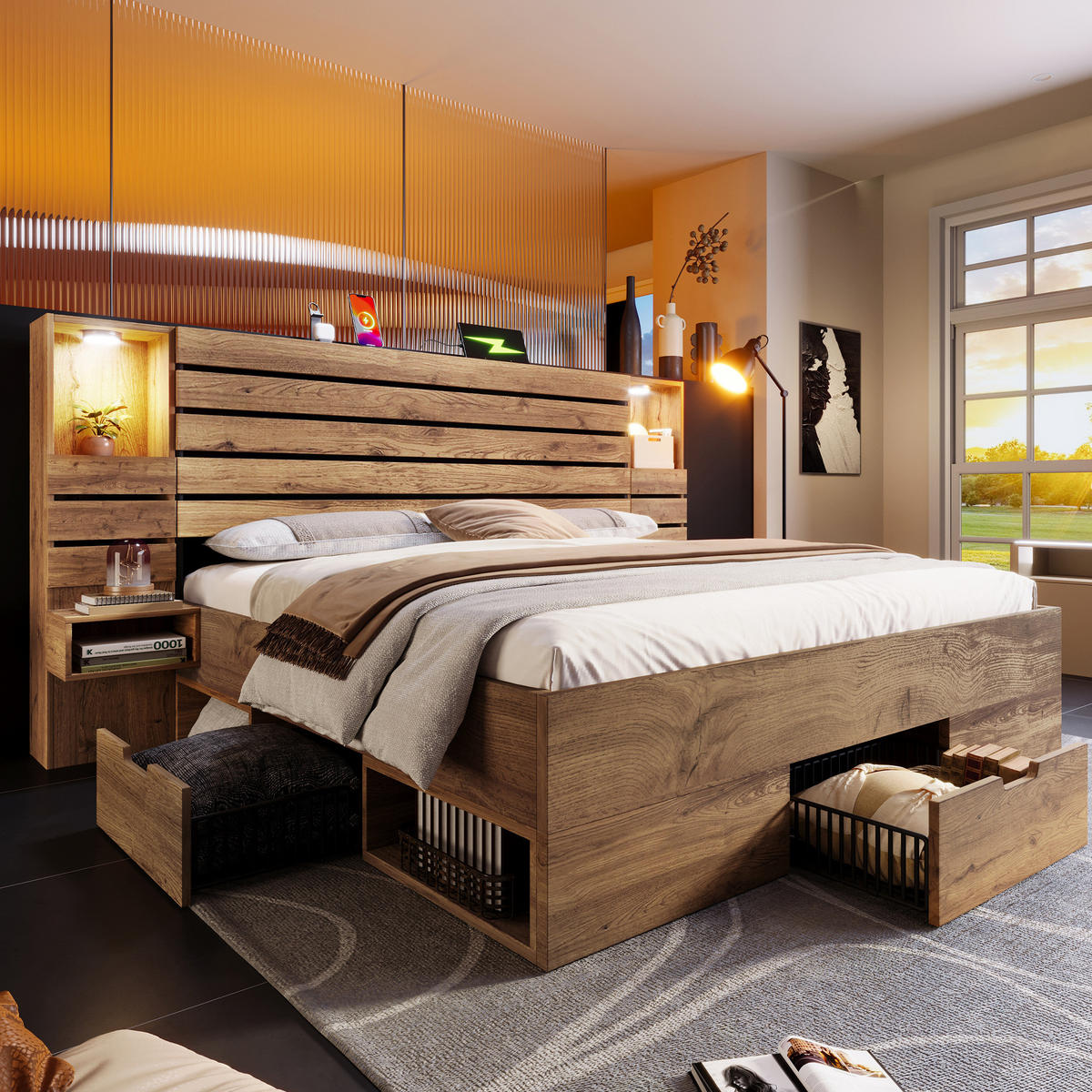 DOPPELBETT aus Holz 160x200 cm Eiche mit LED-Downlights, USB- und Type-C-Anschluss, Stauraum und Matratze - Eichefarben, Holzwerkstoff (140/200cm) - Modfu